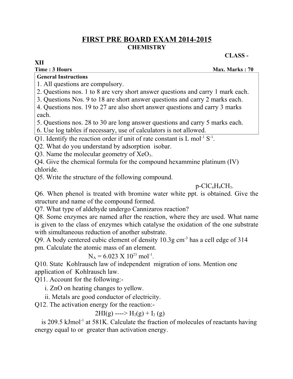 First Pre Board Exam 2014-2015 Chemistry