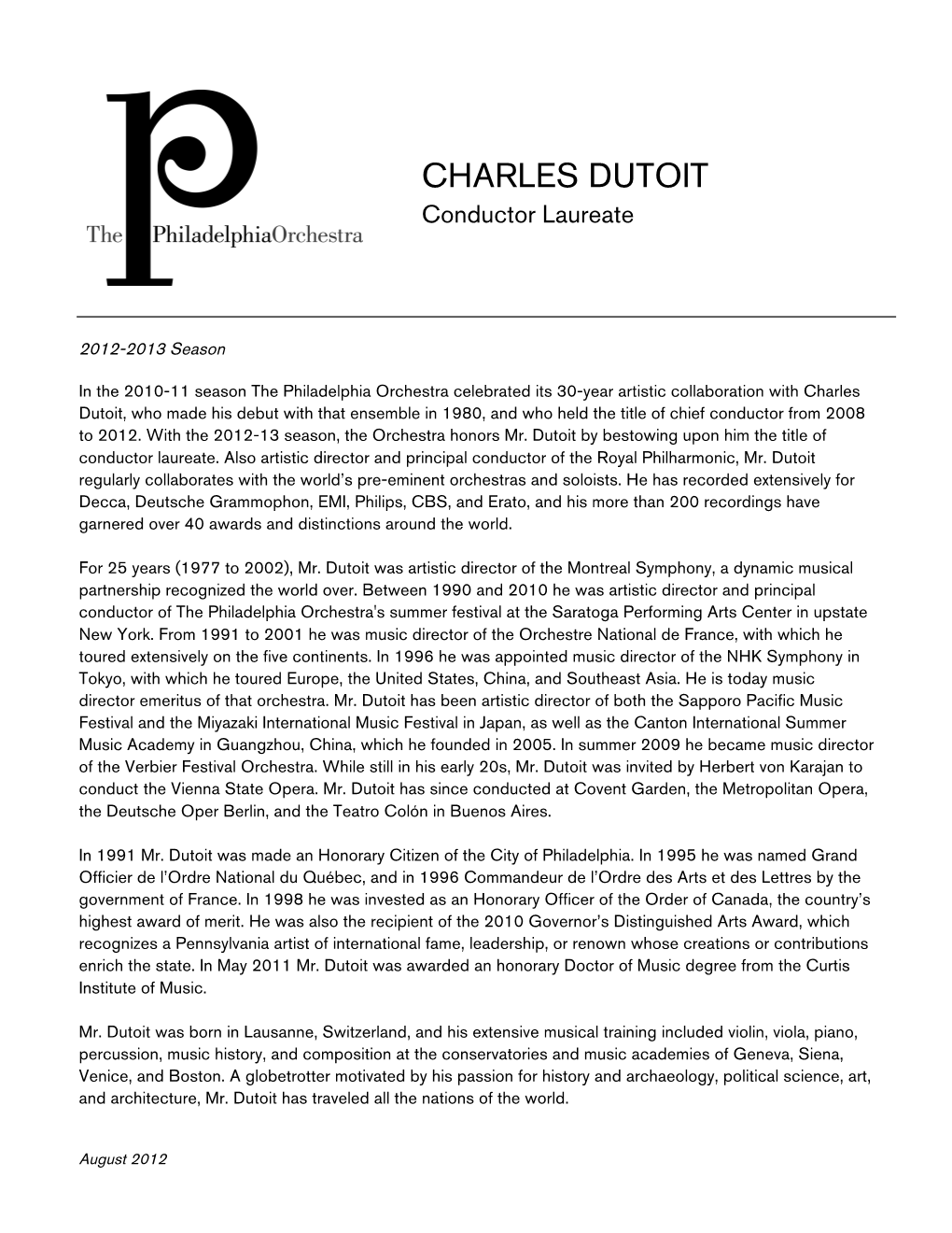 CHARLES DUTOIT Conductor Laureate