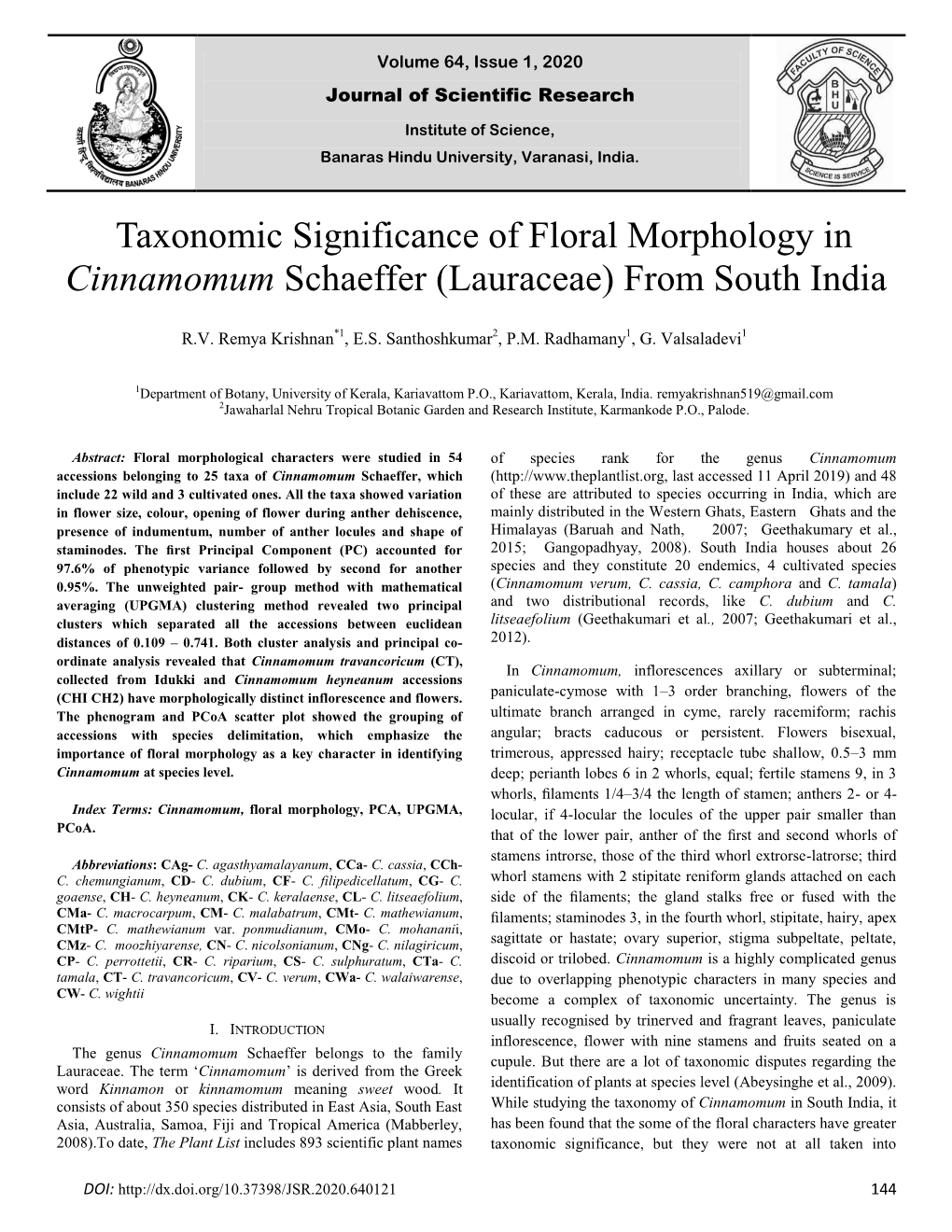 Taxonomic Significance of Floral Morphology in Cinnamomum Schaeffer (Lauraceae) from South India