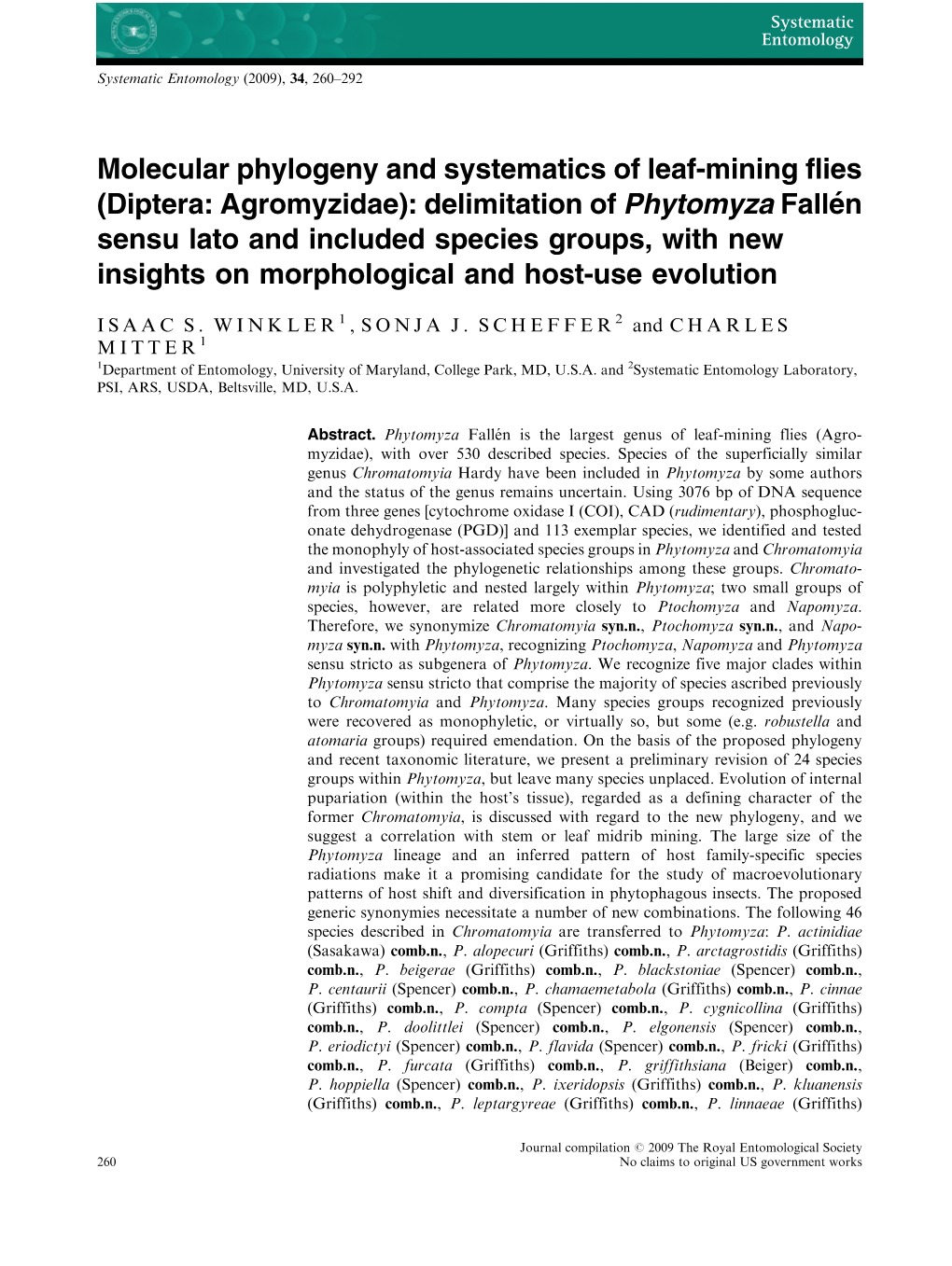 Diptera: Agromyzidae): Delimitation of Phytomyza Falle´N Sensu Lato and Included Species Groups, with New Insights on Morphological and Host-Use Evolution