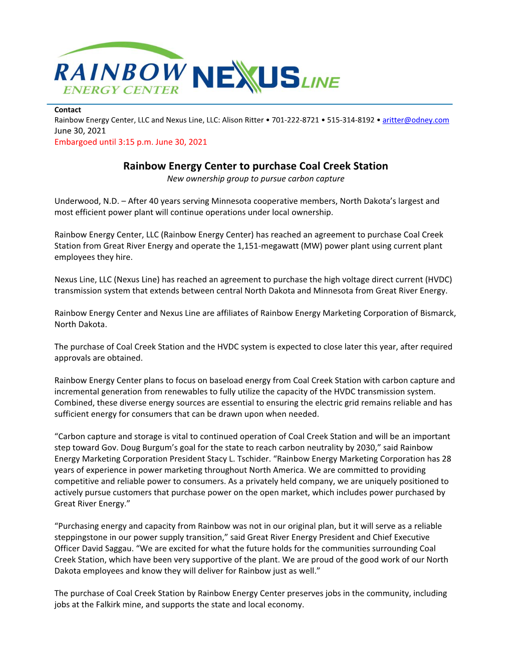Rainbow Energy Center to Purchase Coal Creek Station New Ownership Group to Pursue Carbon Capture