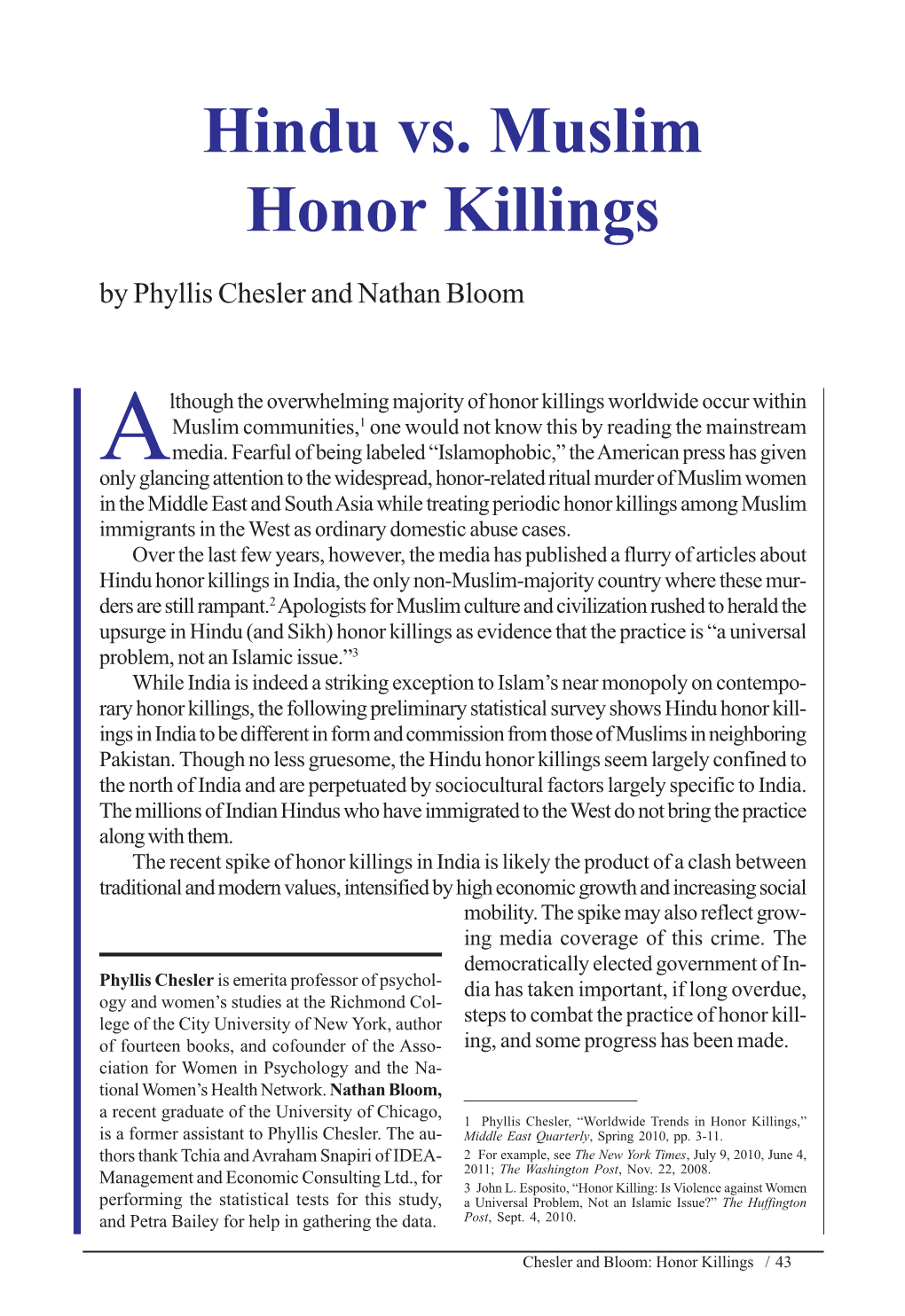 Hindu Vs. Muslim Honor Killings by Phyllis Chesler and Nathan Bloom