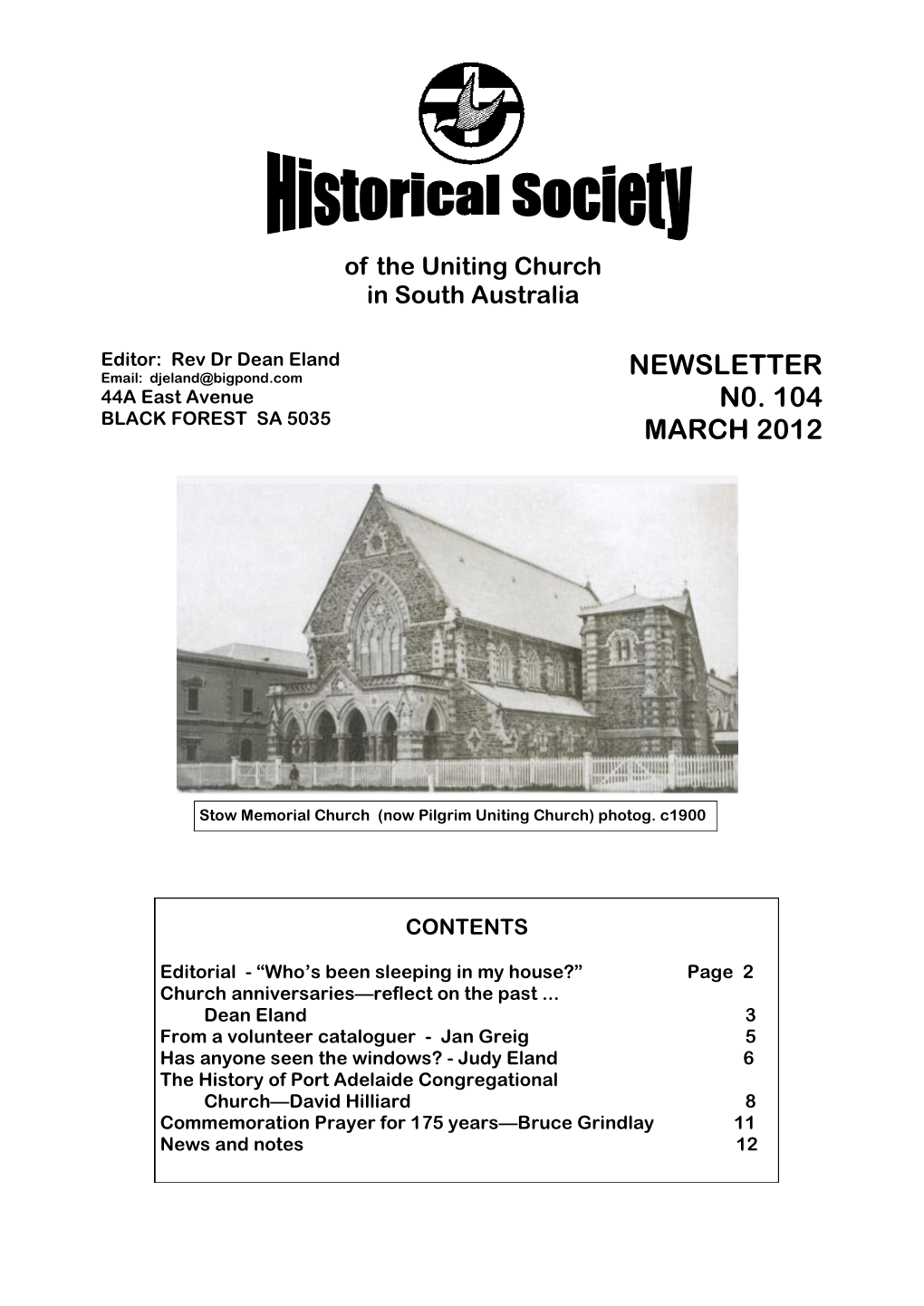 NEWSLETTER N0. 104 MARCH 2012 of the Uniting Church in South