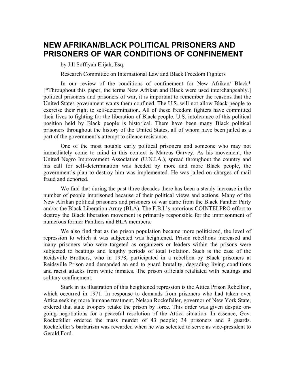 NEW AFRIKAN/BLACK POLITICAL PRISONERS and PRISONERS of WAR CONDITIONS of CONFINEMENT by Jill Soffiyah Elijah, Esq