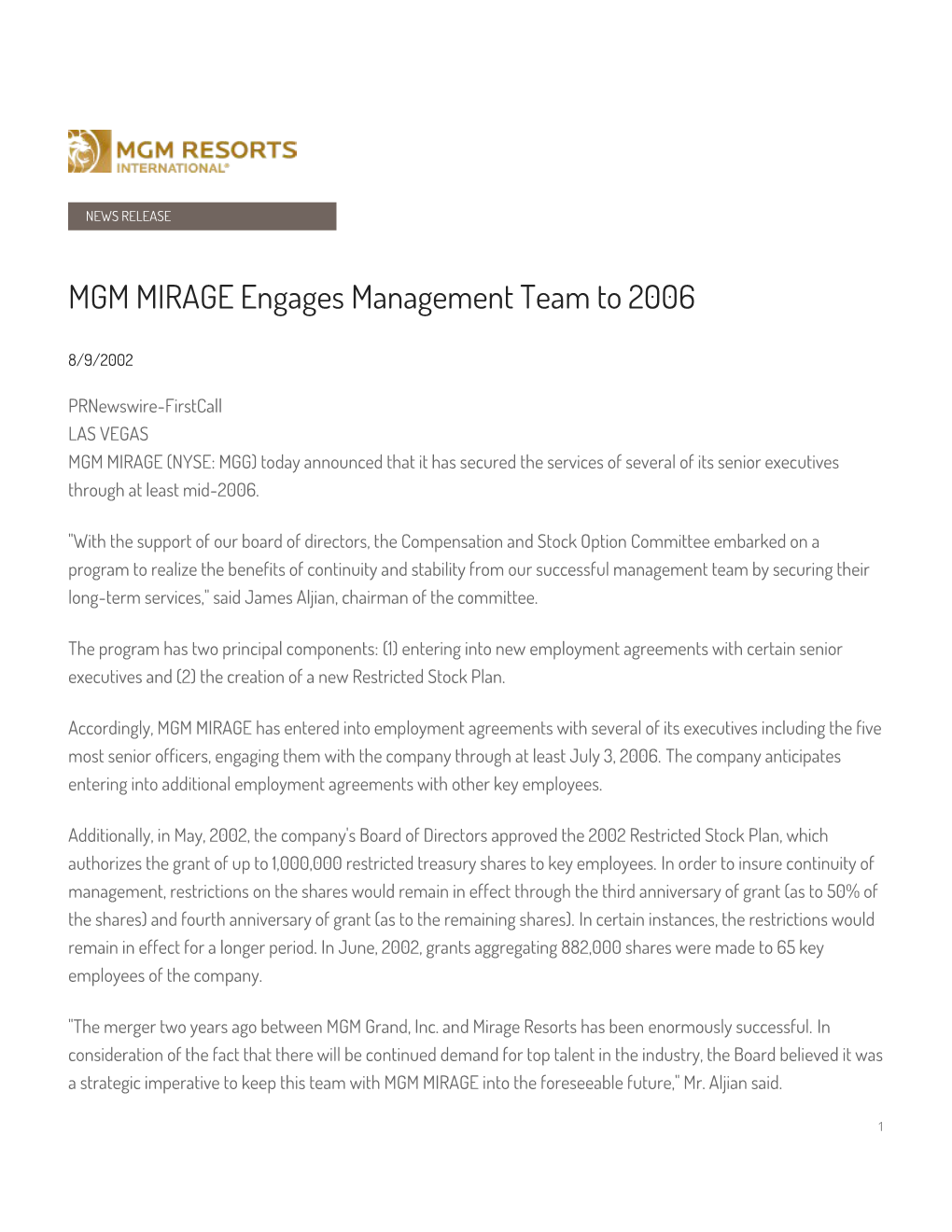 MGM MIRAGE Engages Management Team to 2006