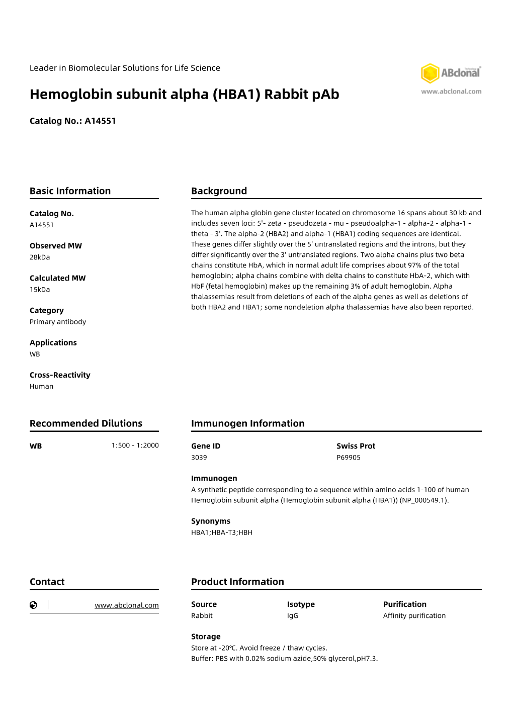 Hemoglobin Subunit Alpha (HBA1) Rabbit Pab