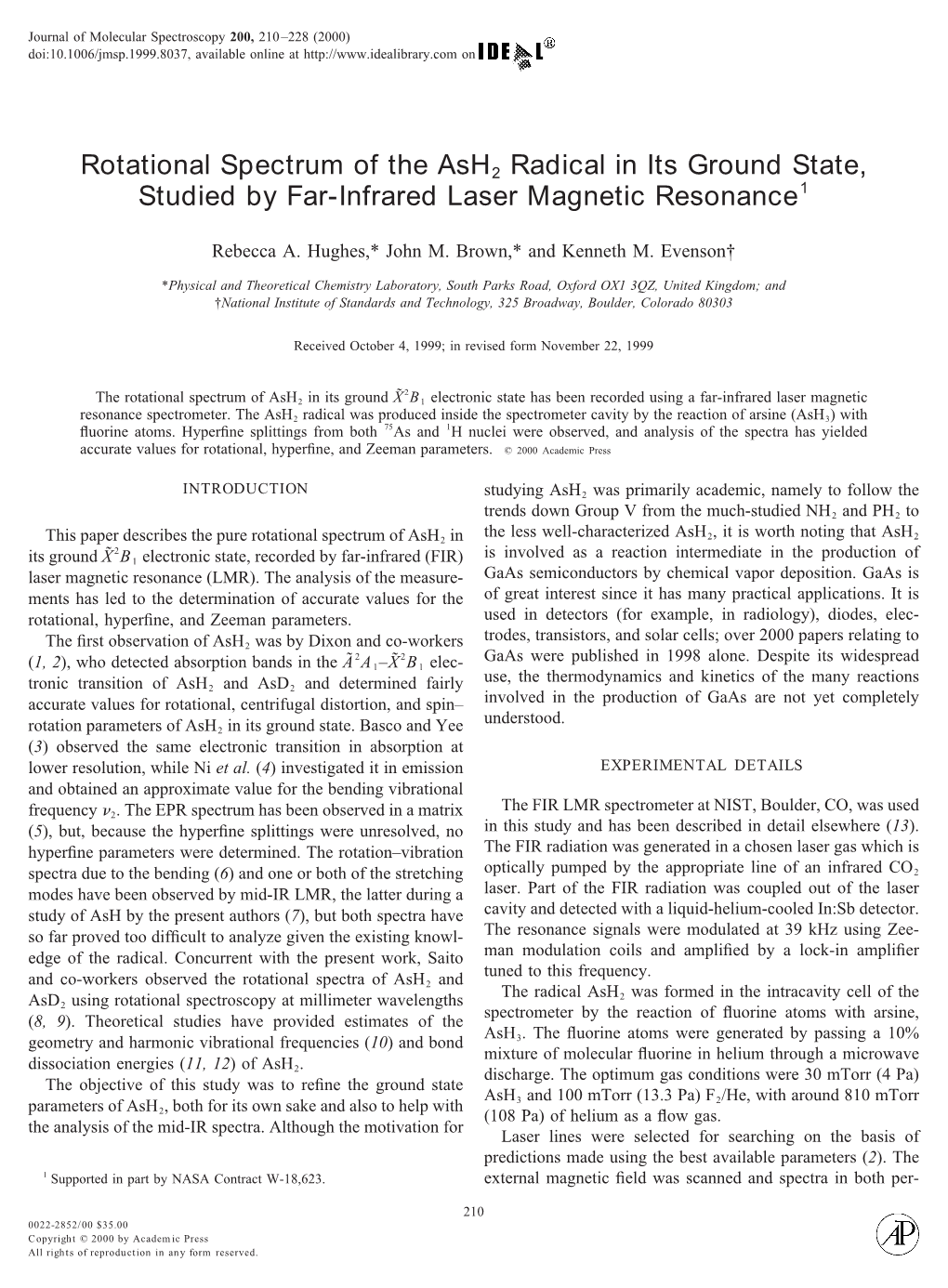Rotational Spectrum of the Ash2 Radical in Its Ground State, Studied by Far-Infrared Laser Magnetic Resonance1