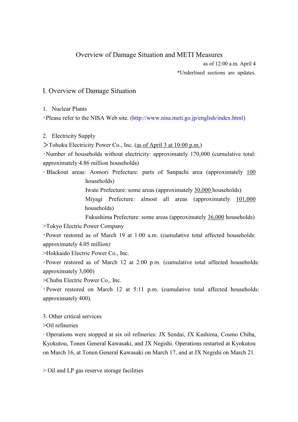 Overview of Damage Situation and METI Measures I. Overview Of