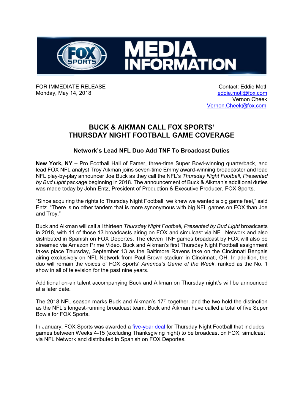 Buck & Aikman Call FOX Sports' Thursday Night Football Game