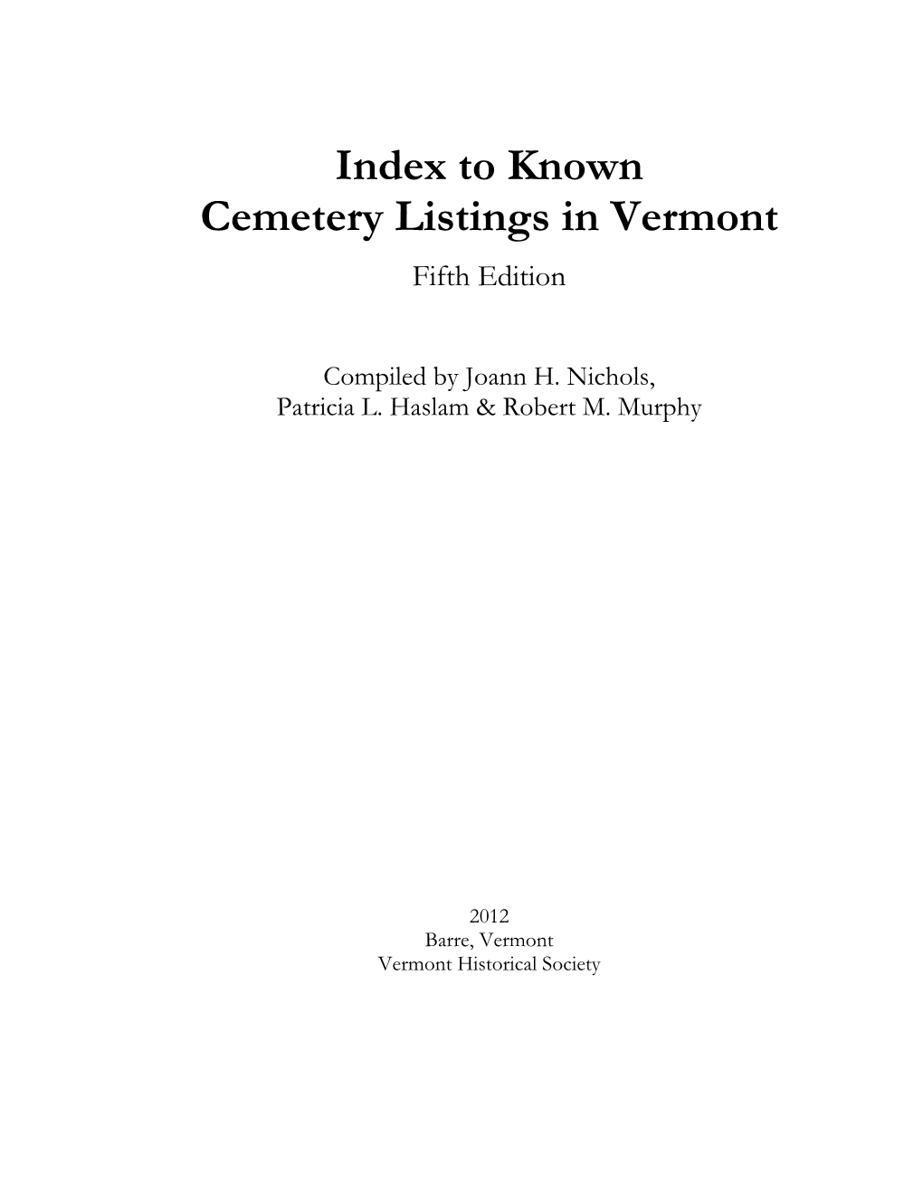 Index to Known Cemetery Listings in Vermont