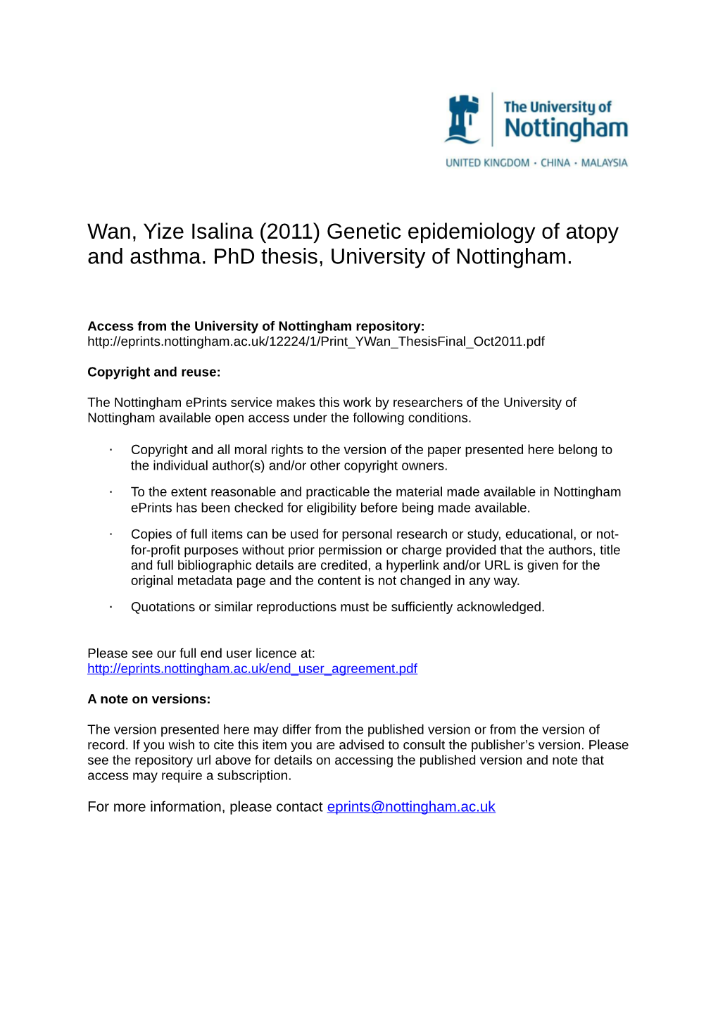 Wan, Yize Isalina (2011) Genetic Epidemiology of Atopy and Asthma