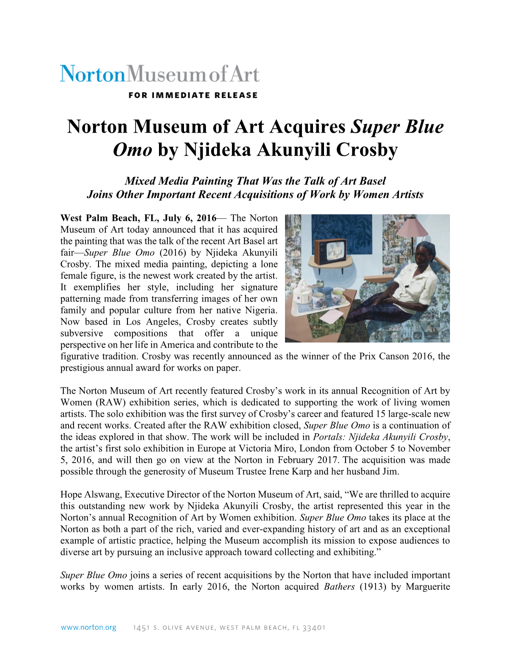 Norton Museum of Art Acquires Super Blue Omo by Njideka Akunyili Crosby