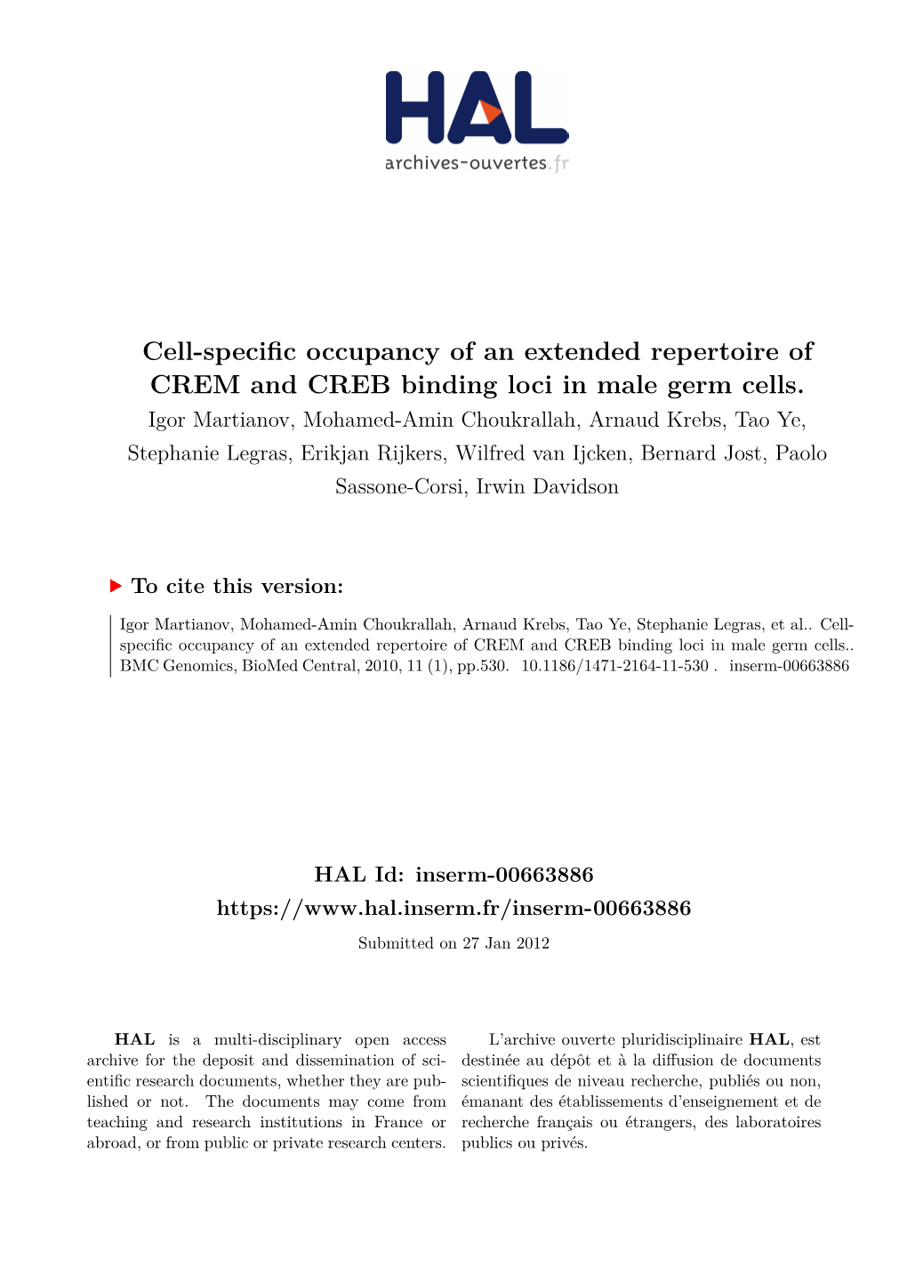 Cell-Specific Occupancy of an Extended Repertoire of CREM and CREB Binding Loci in Male Germ Cells