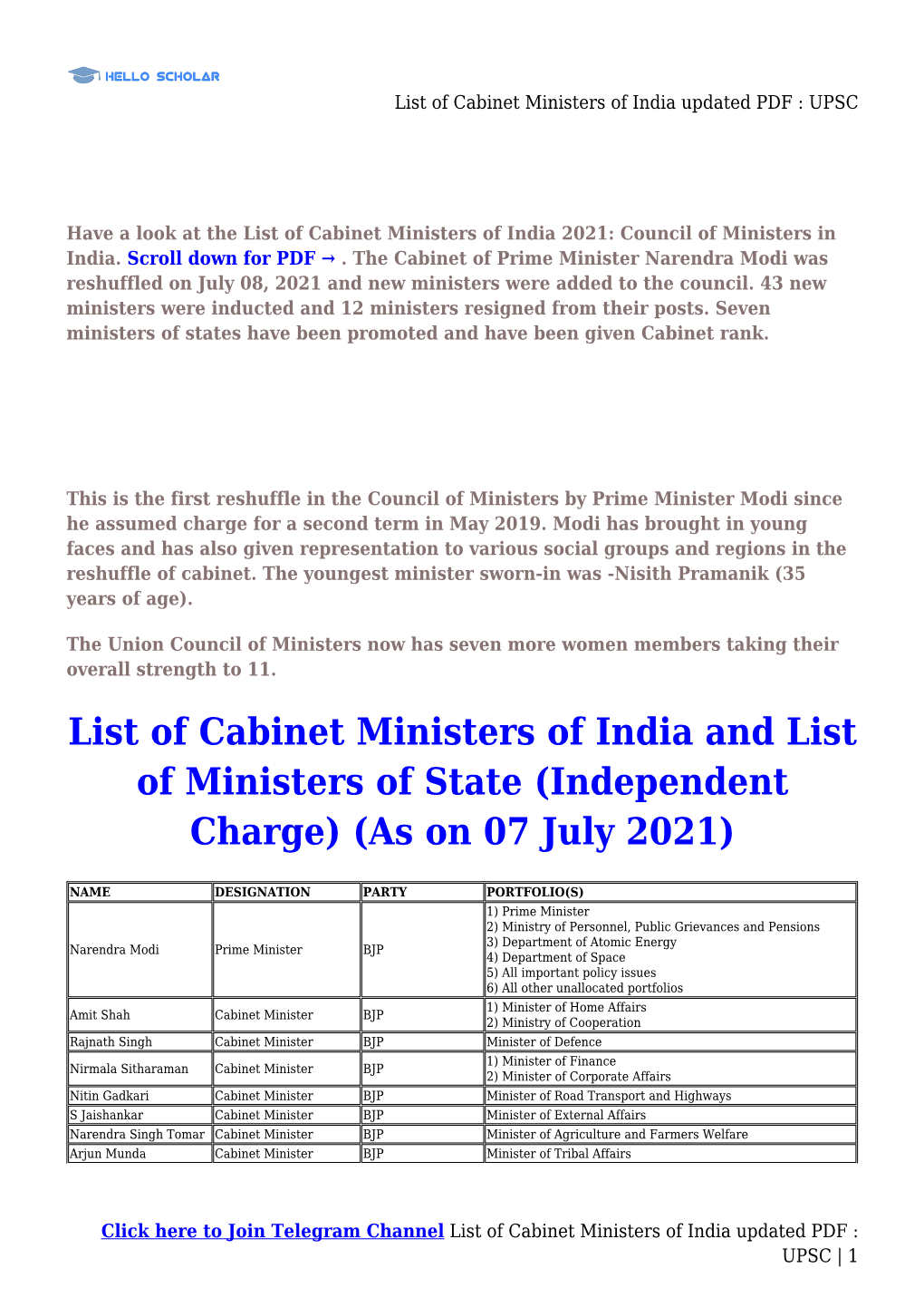 List of Cabinet Ministers of India Updated PDF : UPSC