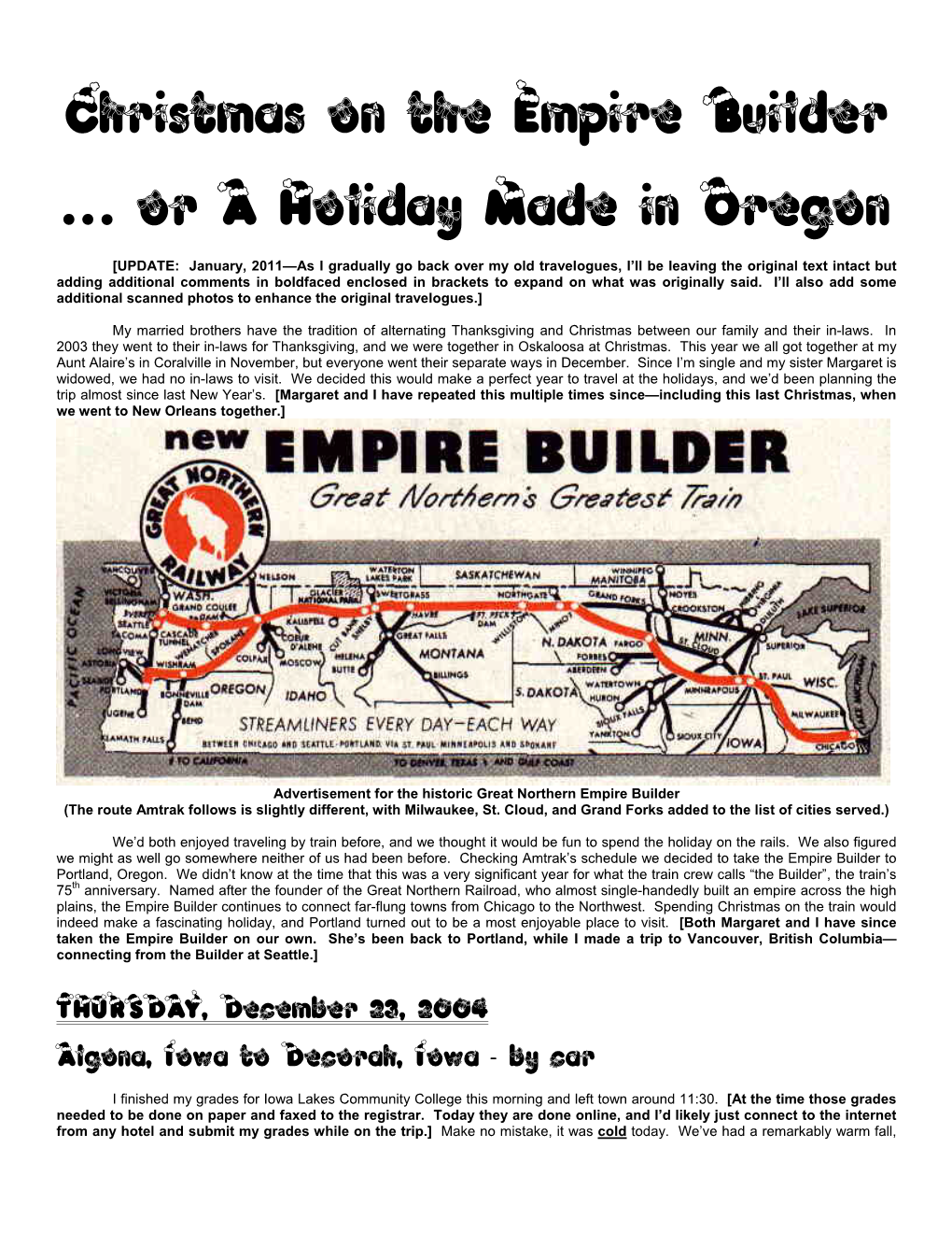 Christmas on the Empire Builder … Or a Holiday Made in Oregon