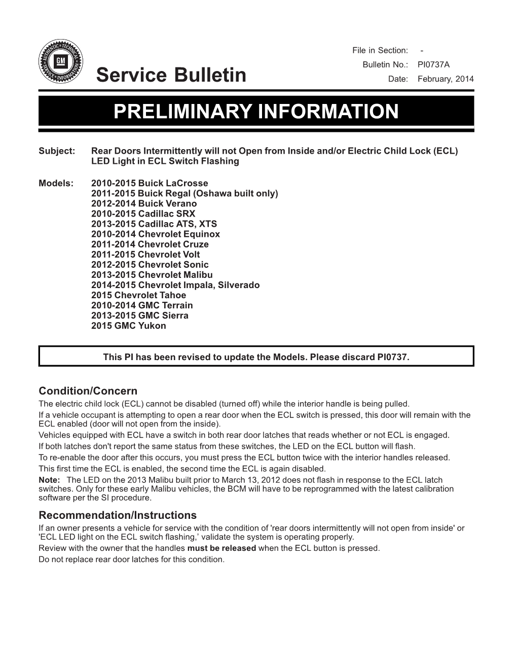 Service Bulletin PRELIMINARY INFORMATION