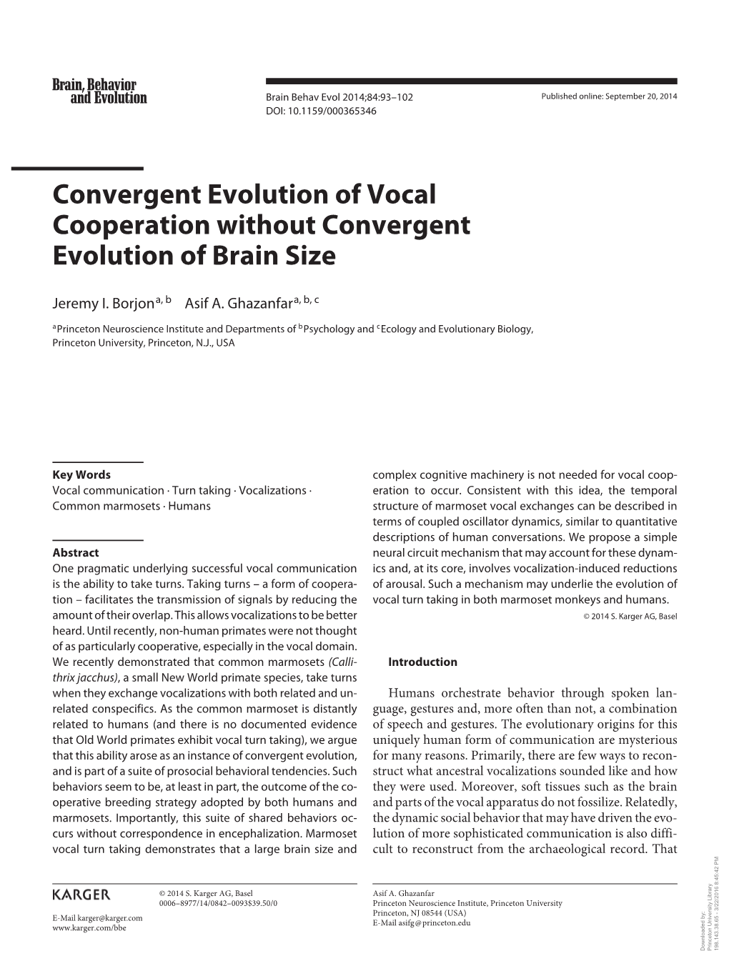 Convergent Evolution of Vocal Cooperation Without Convergent Evolution of Brain Size