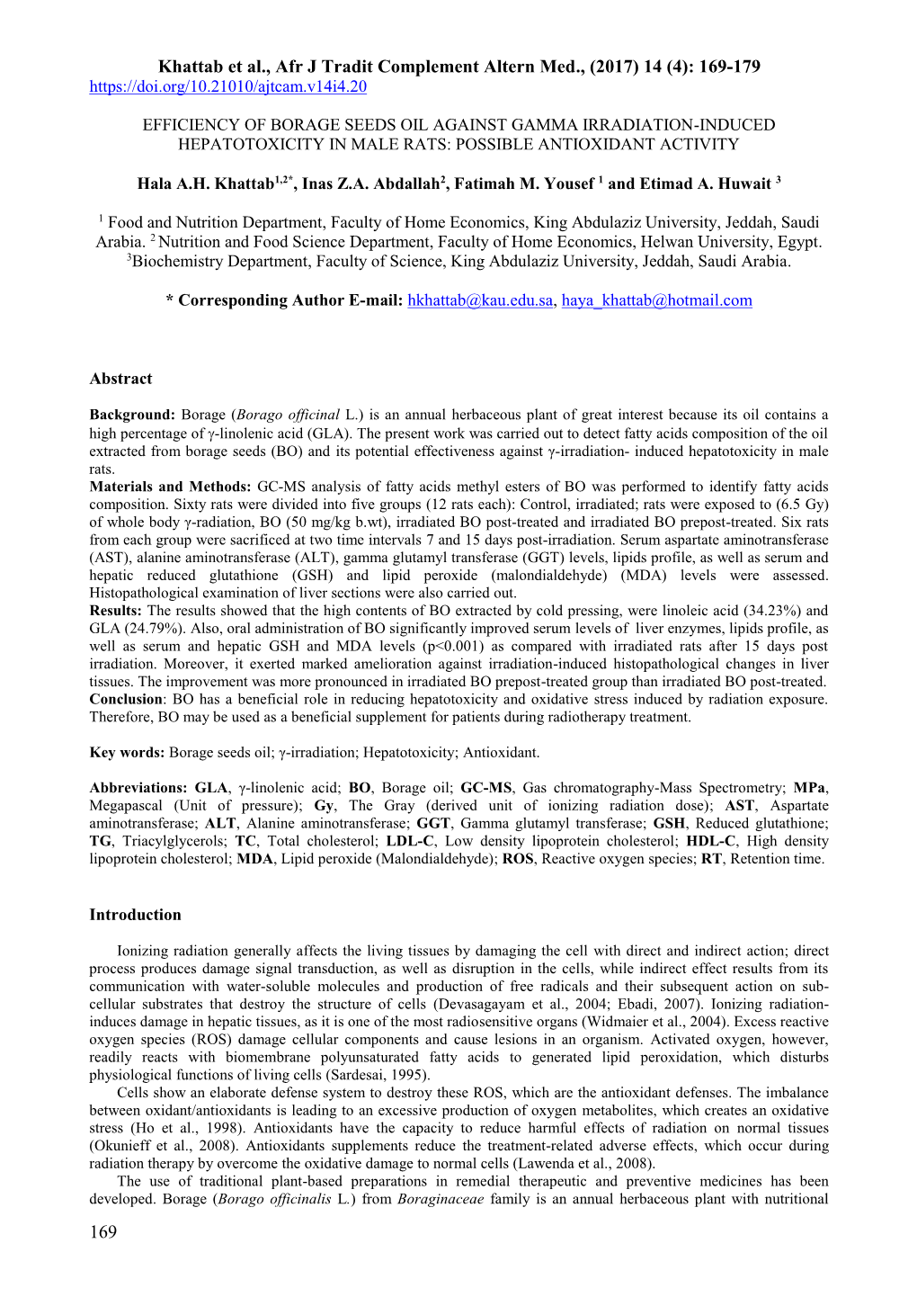 A Study on the Efficiency of Borage Oil and Beta- Carotene in Preventive Rats Exposed to Gamma Radiation