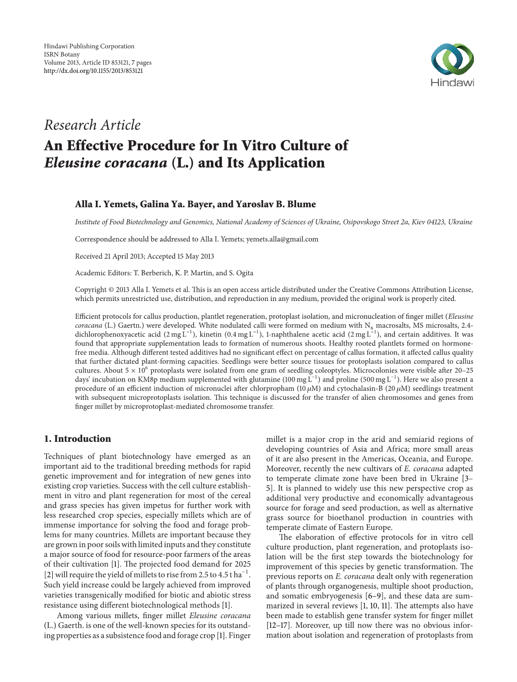 An Effective Procedure for in Vitro Culture of Eleusine Coracana (L.) and Its Application