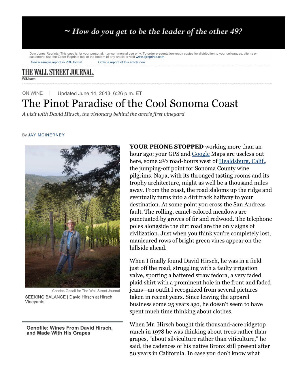 The Pinot Paradise of the Cool Sonoma Coast a Visit with David Hirsch, the Visionary Behind the Area's First Vineyard