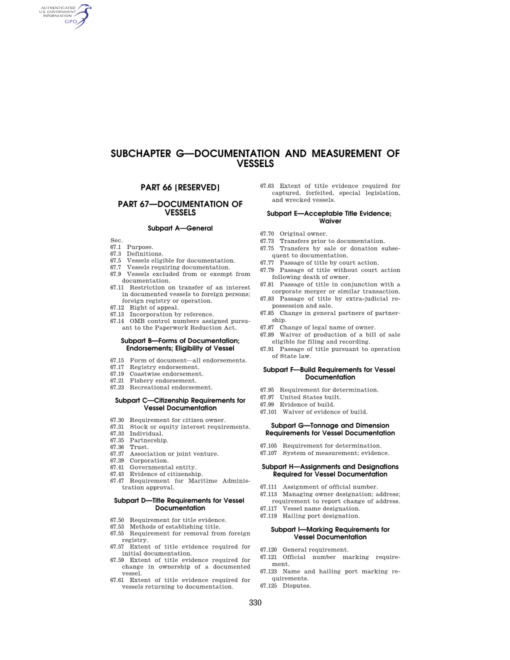 Subchapter G—Documentation and Measurement of Vessels