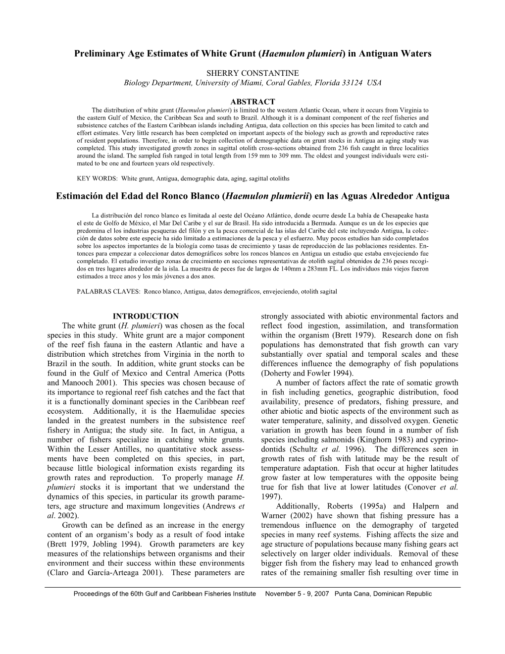 Preliminary Age Estimates of White Grunt (Haemulon Plumieri) in Antiguan Waters