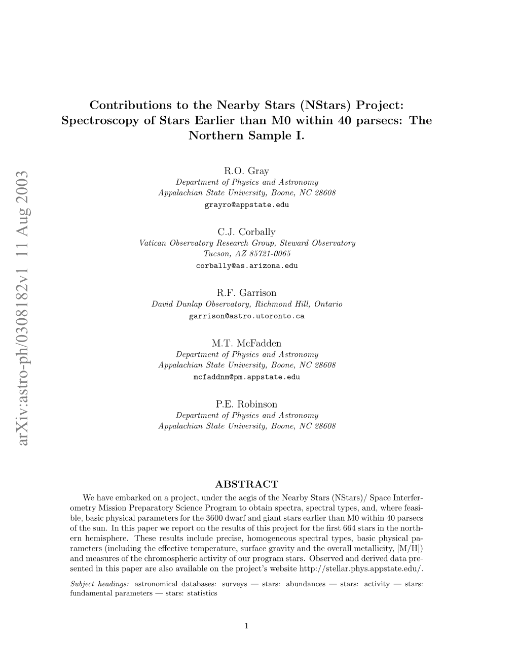 Contributions to the Nearby Stars (Nstars) Project: Spectroscopy of Stars Earlier Than M0 Within 40 Parsecs: the Northern Sample I