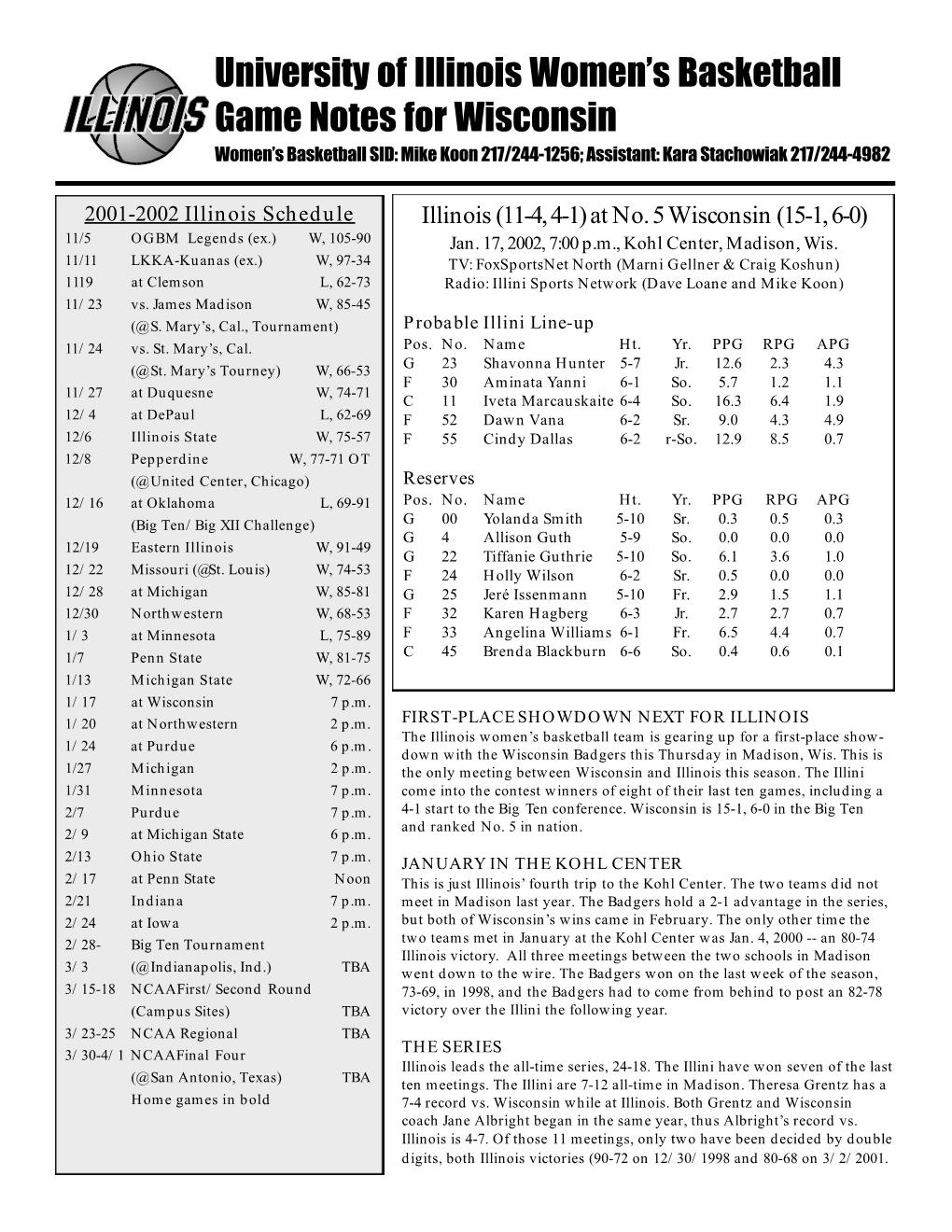University of Illinois Women's Basketball Game Notes for Wisconsin