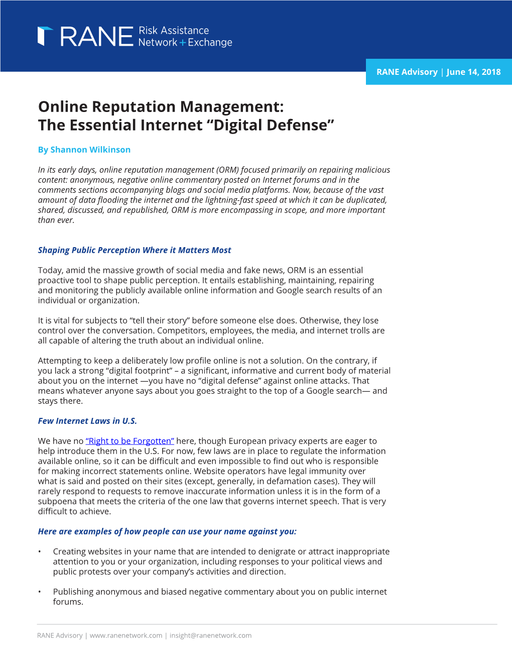 Online Reputation Management: the Essential Internet “Digital Defense”