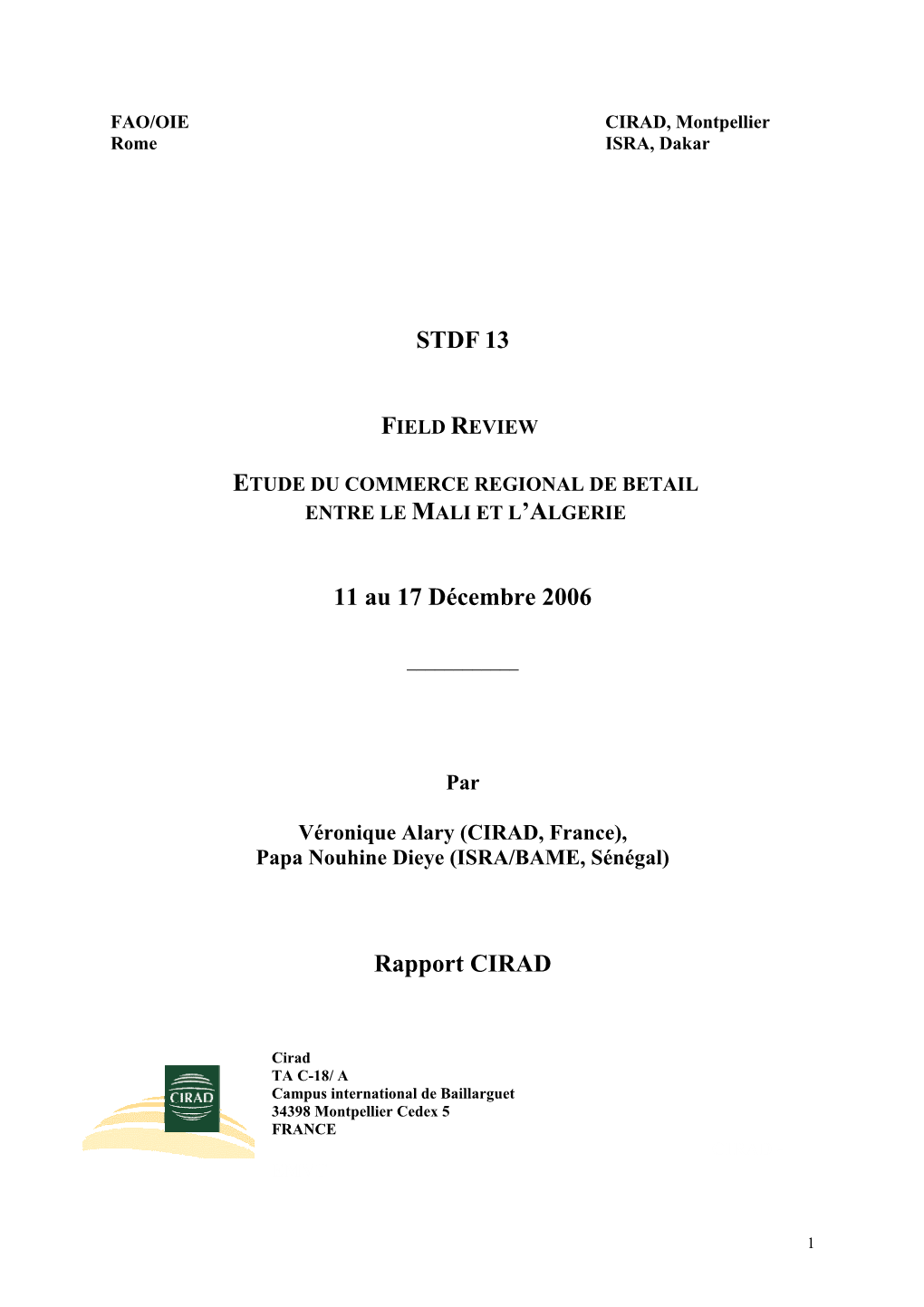 STDF 13 11 Au 17 Décembre 2006 Rapport CIRAD