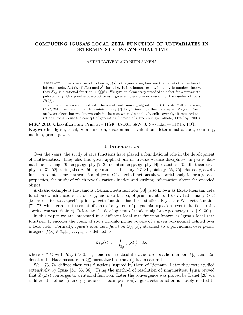 Computing Igusa's Local Zeta Function of Univariates In