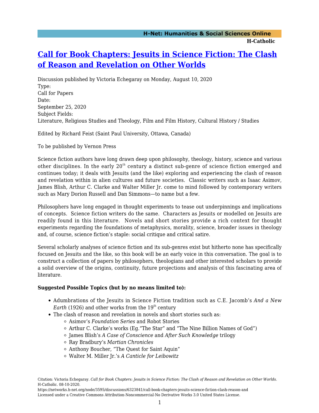 Call for Book Chapters: Jesuits in Science Fiction: the Clash of Reason and Revelation on Other Worlds