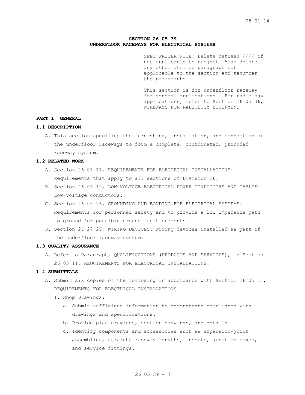 Section 26 05 39, Underfloor Raceways for Electrical Systems