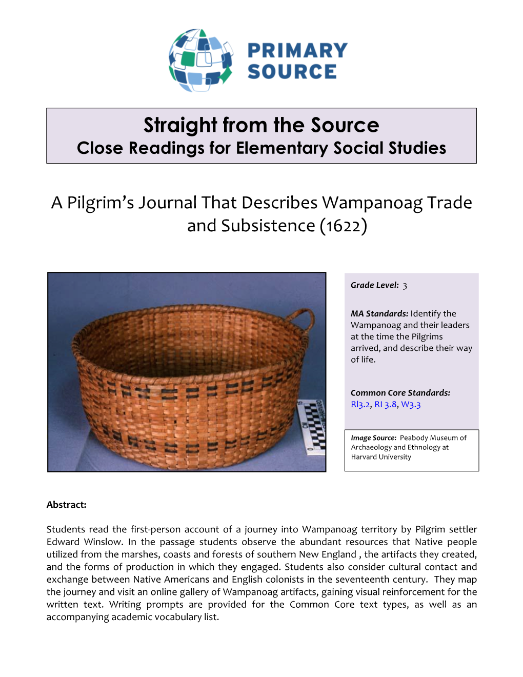Straight from the Source Close Readings for Elementary Social Studies