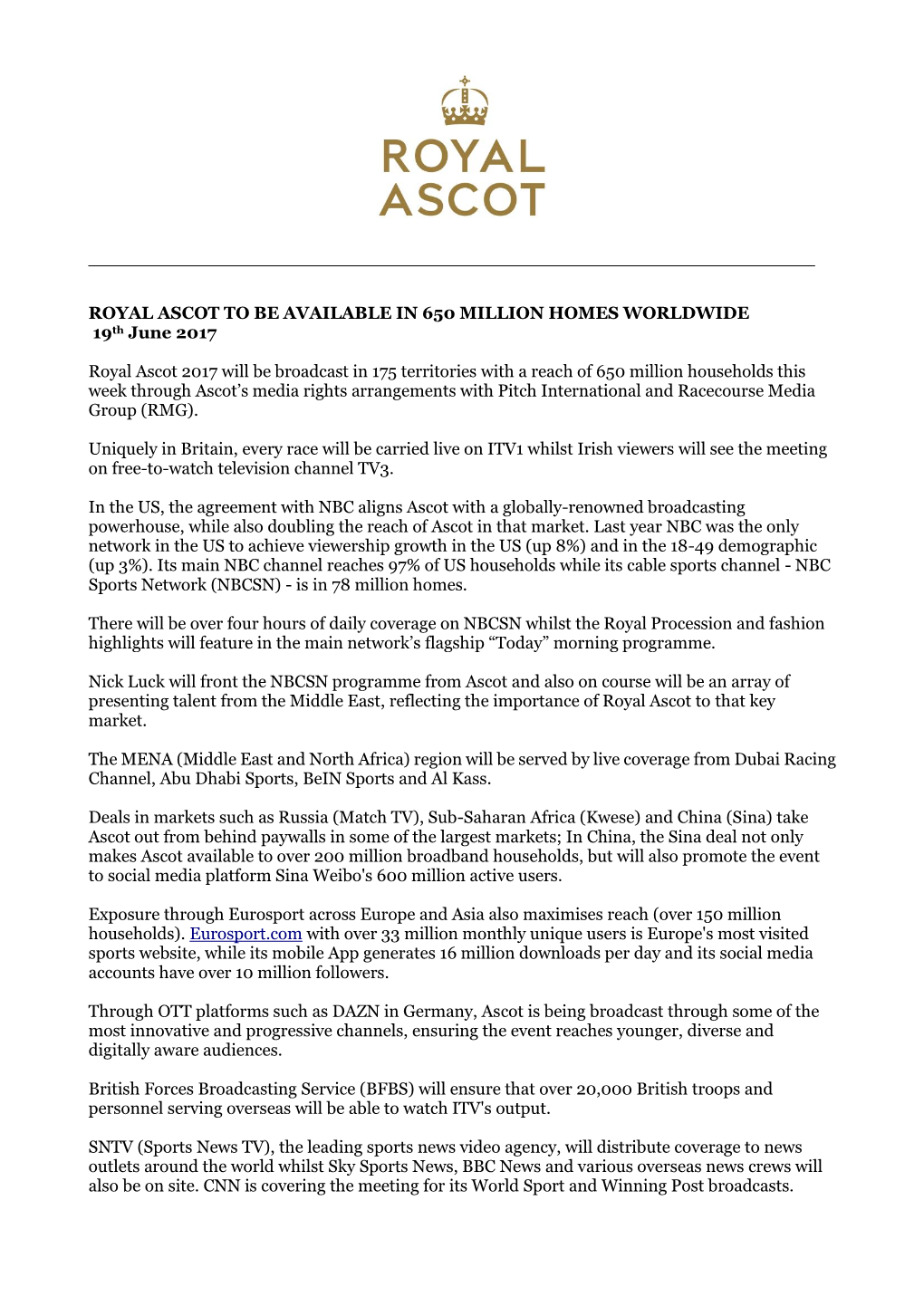 ROYAL ASCOT to BE AVAILABLE in 650 MILLION HOMES WORLDWIDE 19Th June 2017