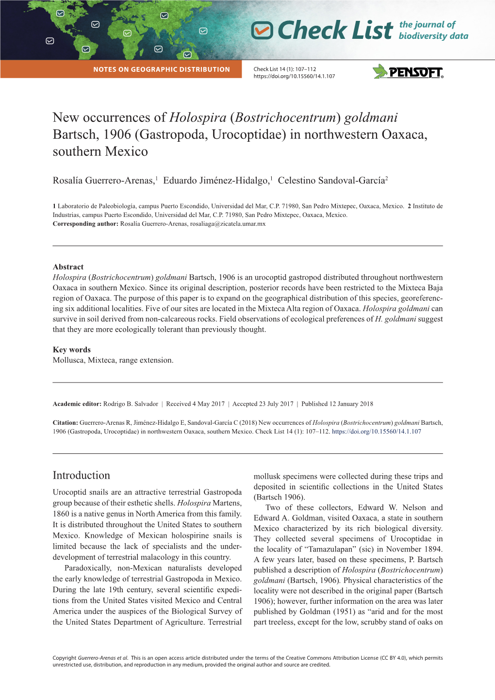 New Occurrences of Holospira (Bostrichocentrum) Goldmani Bartsch, 1906 (Gastropoda, Urocoptidae) in Northwestern Oaxaca, Southern Mexico