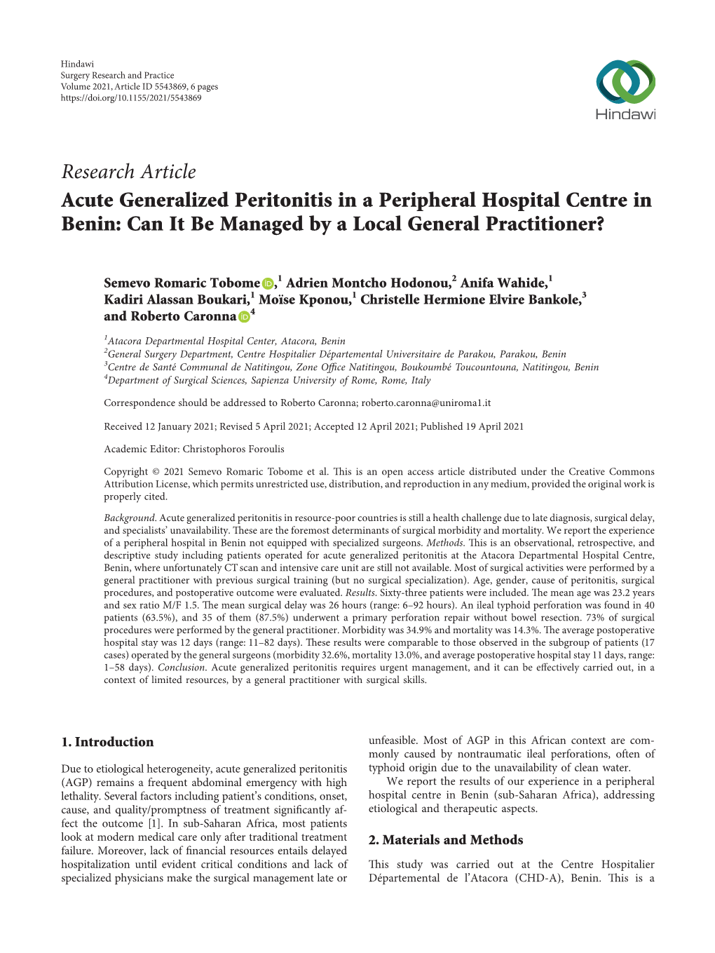 Acute Generalized Peritonitis in a Peripheral Hospital Centre in Benin: Can It Be Managed by a Local General Practitioner?