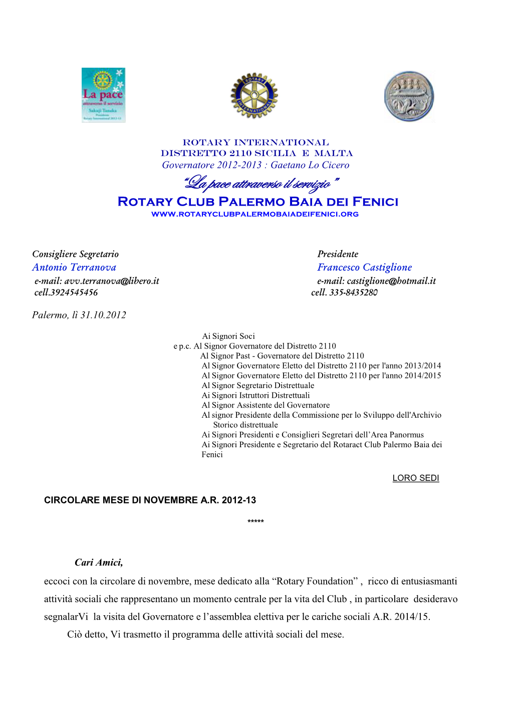 “La Pace Attraverso Il Servizio” Rotary Club Palermo Baia Dei Fenici
