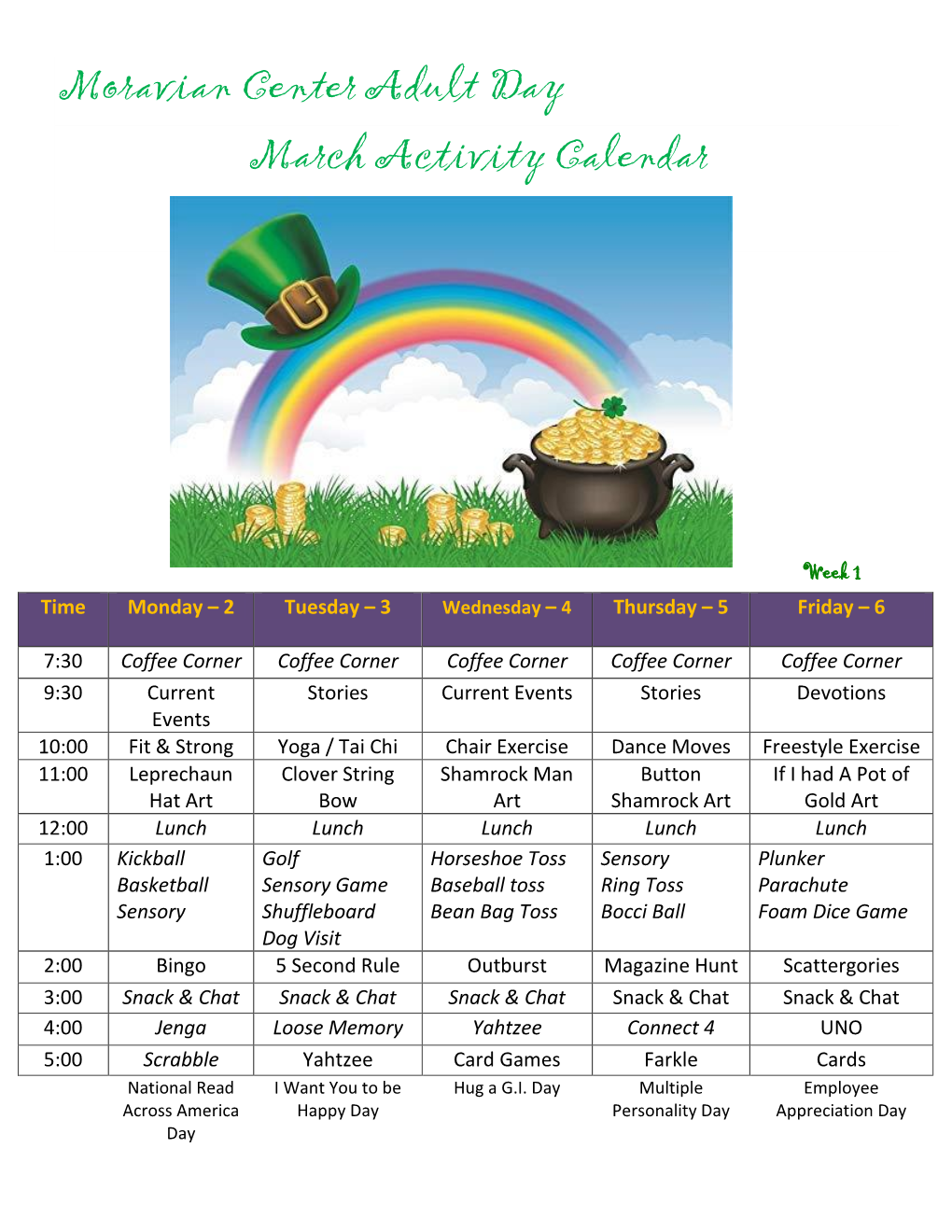 Moravian Center Adult Day March Activity Calendar