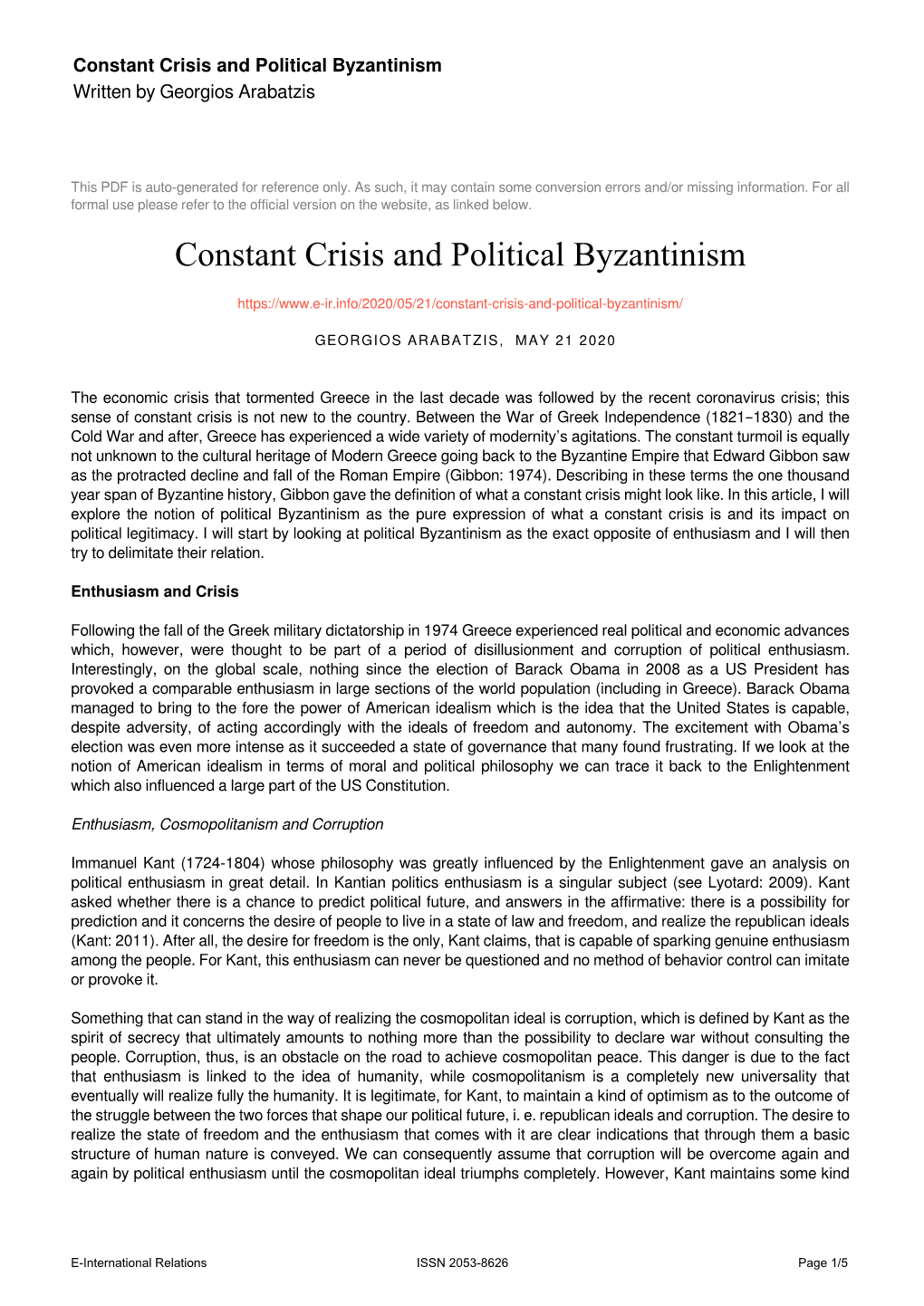 Constant Crisis and Political Byzantinism Written by Georgios Arabatzis