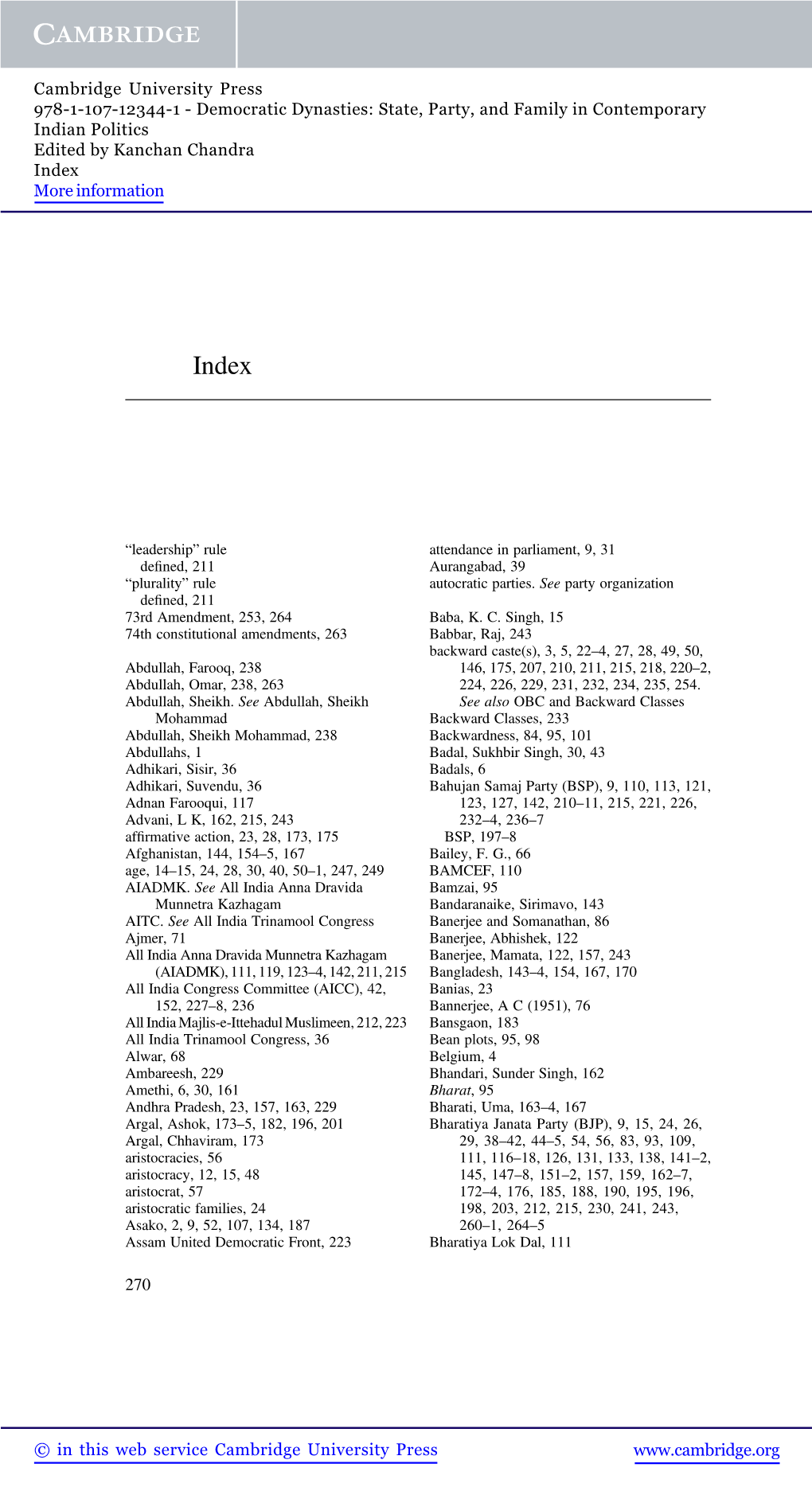 Democratic Dynasties: State, Party, and Family in Contemporary Indian Politics Edited by Kanchan Chandra Index More Information