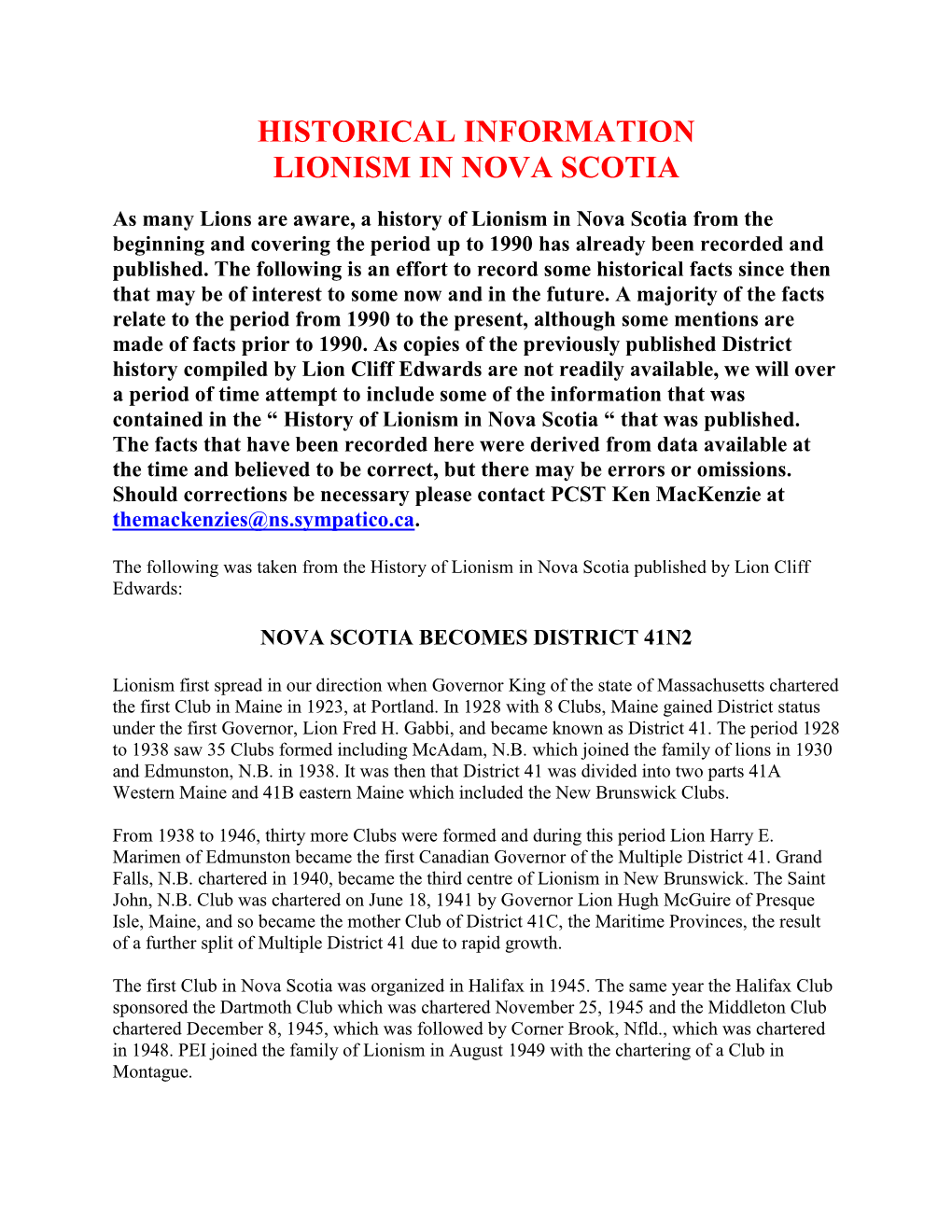 Historical Information Lionism in Nova Scotia
