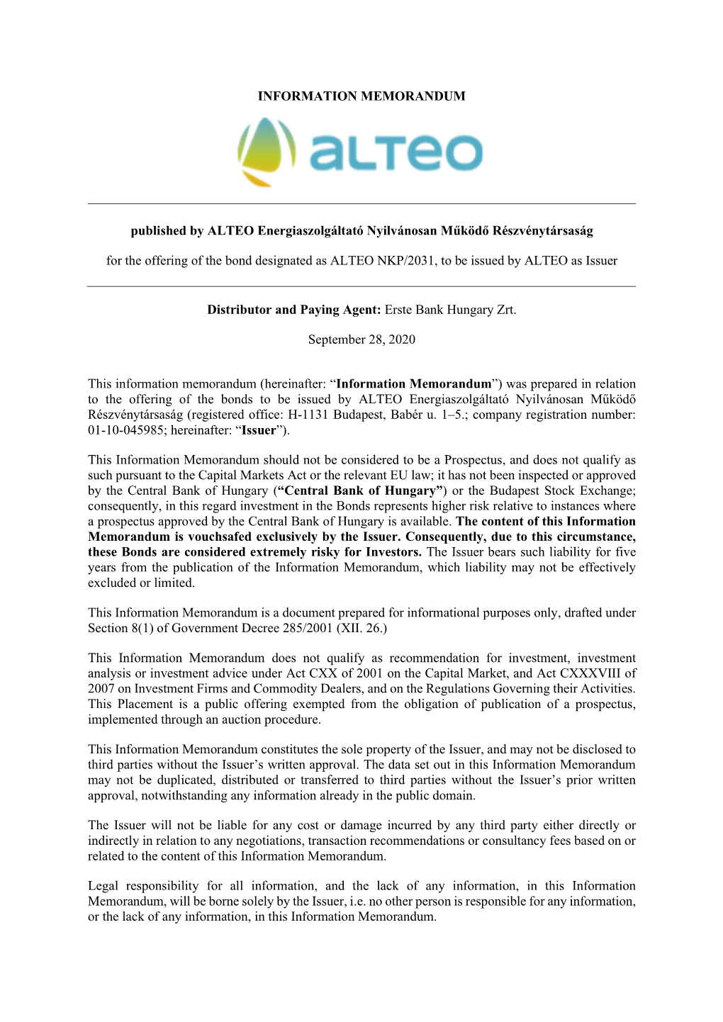 INFORMATION MEMORANDUM Published by ALTEO