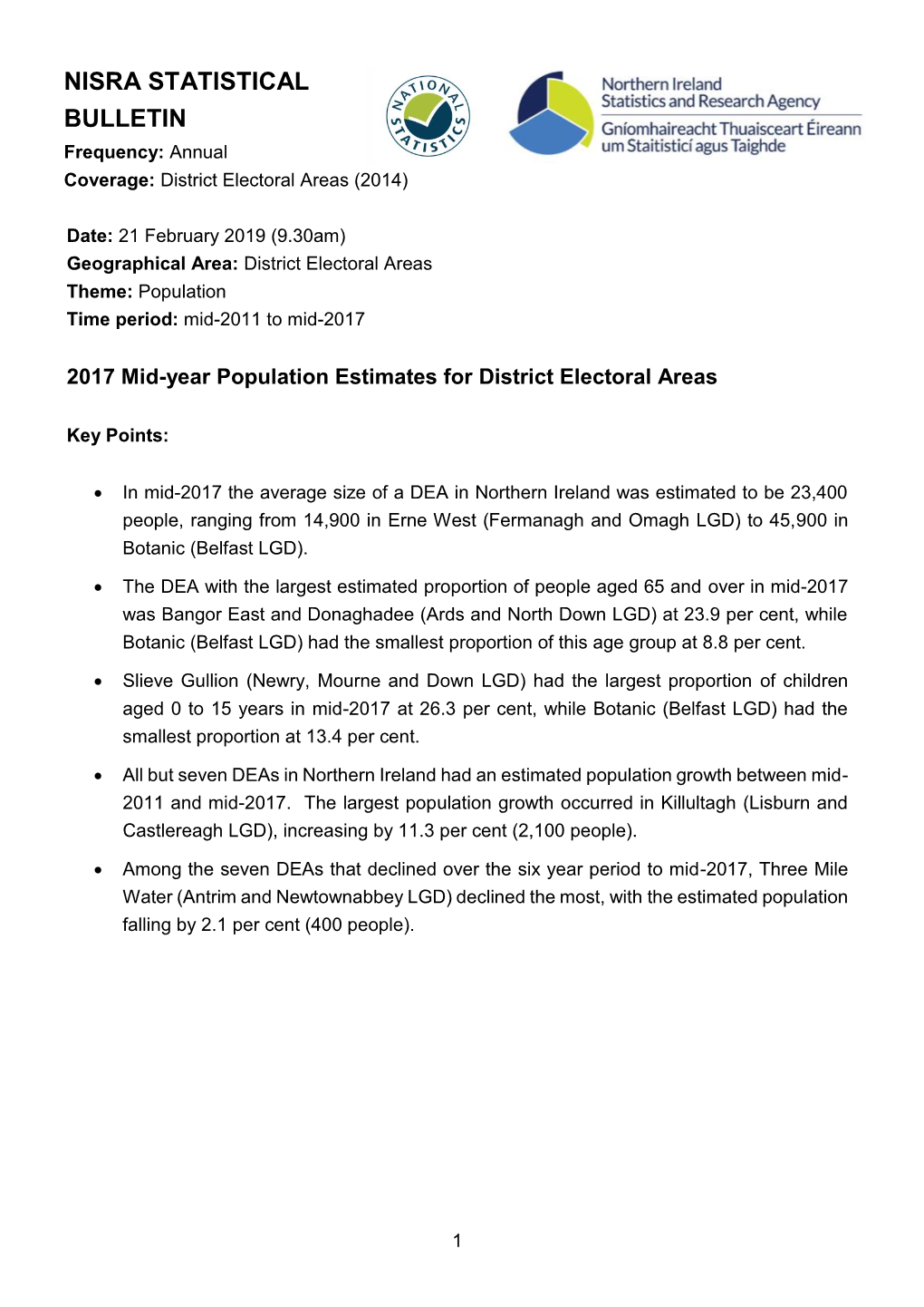 2017 Mid-Year Population Estimates for District Electoral Areas