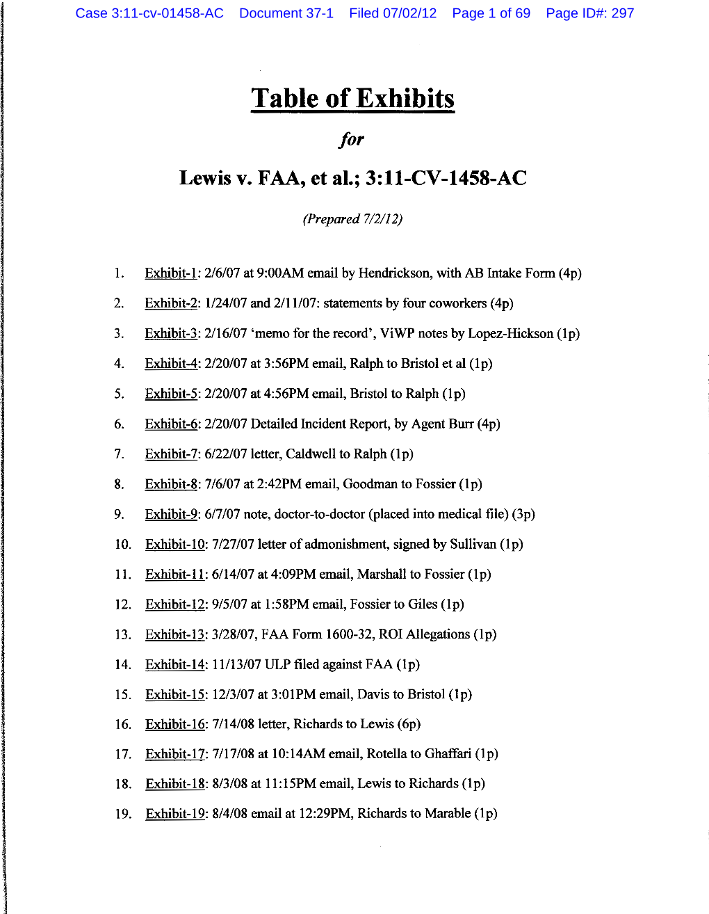 Table of Exhibits for Lewis V