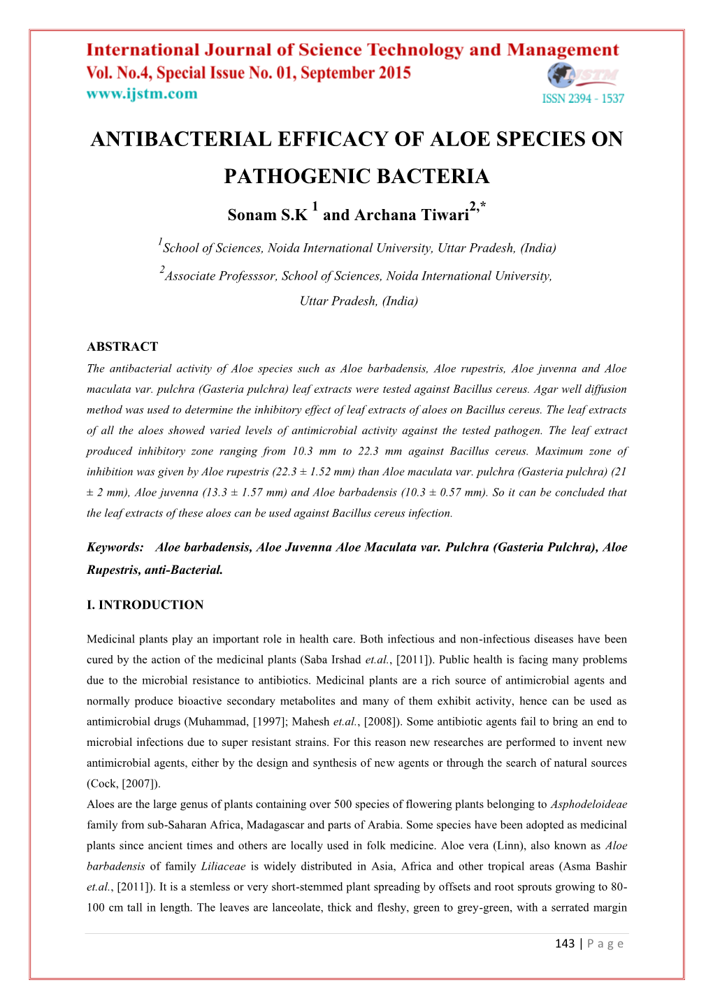 Antibacterial Efficacy of Aloe Species on Pathogenic