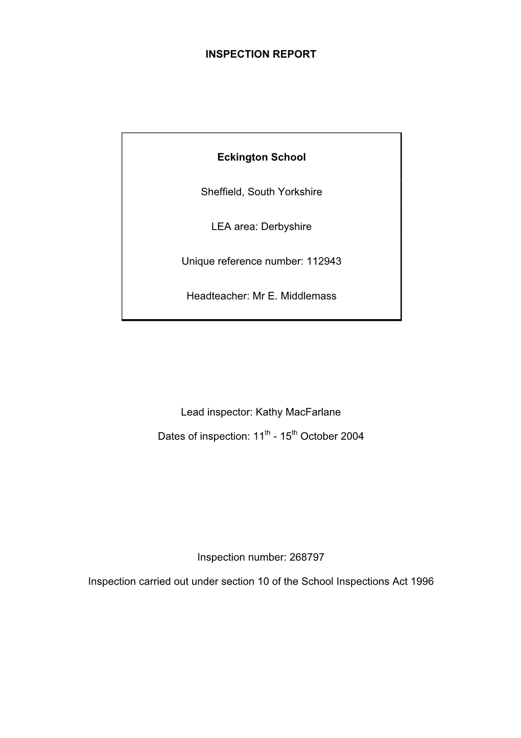 INSPECTION REPORT Eckington School Sheffield, South Yorkshire