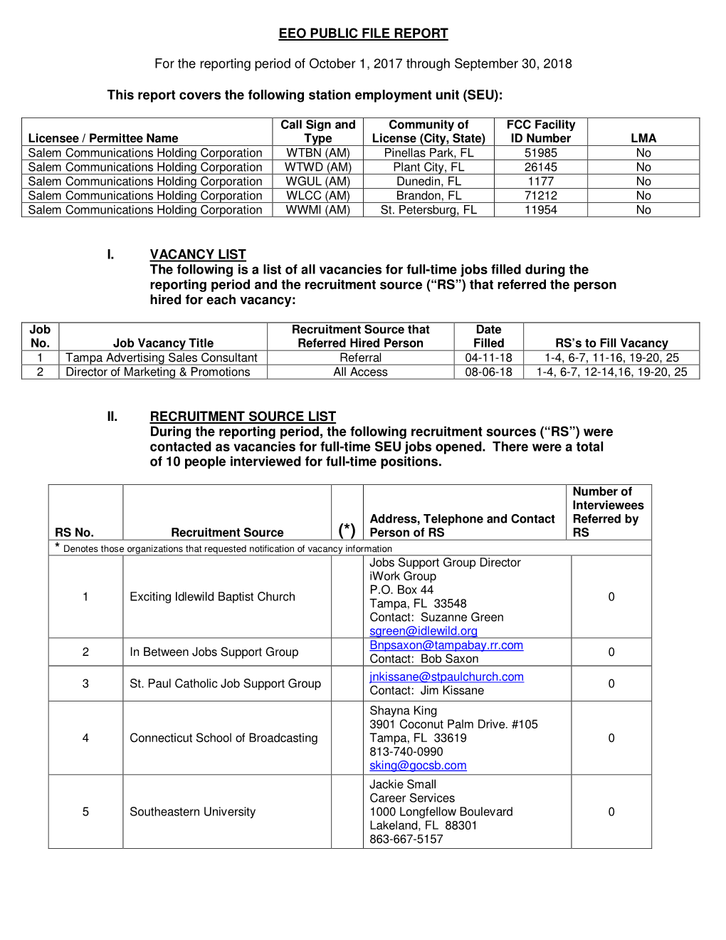 EEO PUBLIC FILE REPORT for the Reporting Period of October 1, 2017 Through September 30, 2018 This Report Covers the Following S