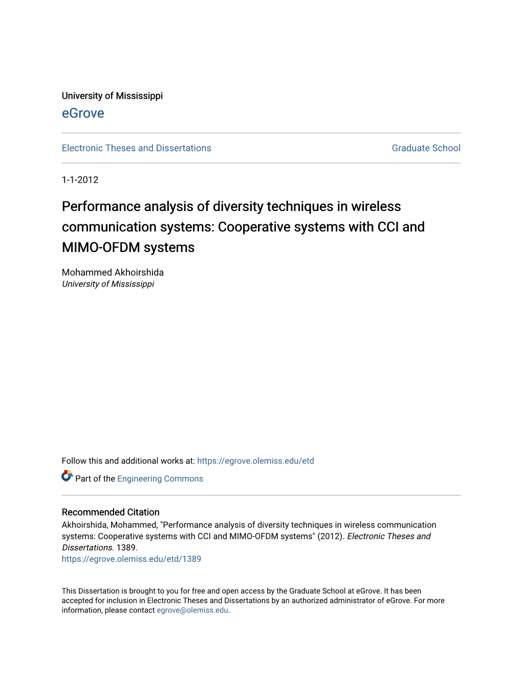 Performance Analysis of Diversity Techniques in Wireless Communication Systems: Cooperative Systems with CCI and MIMO-OFDM Systems
