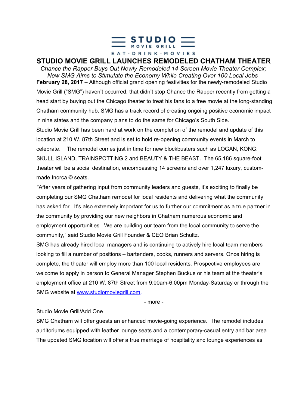 Studio Movie Grill Launches Remodeled Chatham Theater